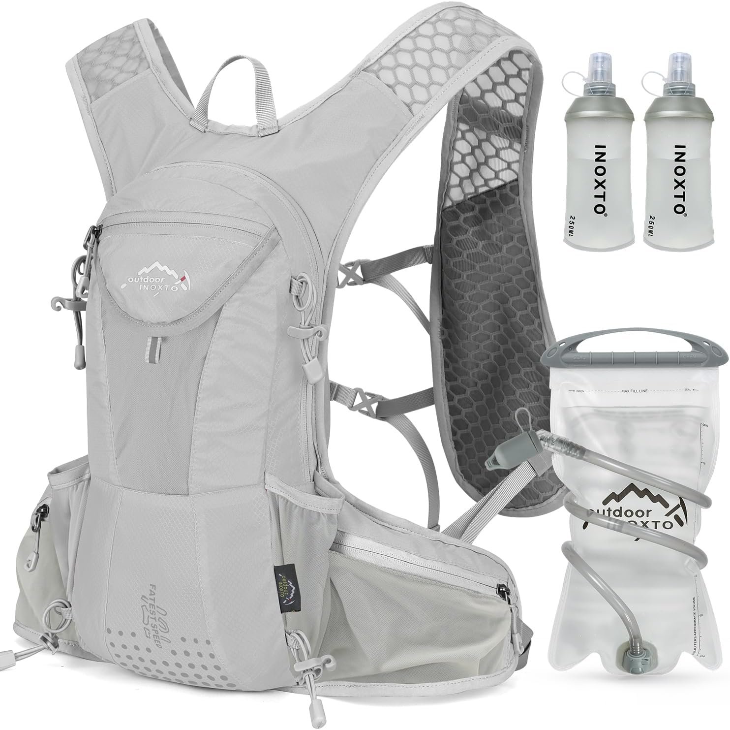 IX INOXTO Hydration Pack Backpack, Lightweight Water Backpack with 2L Hydration Bladder Daypack for Men Women,Running Hydration Vest for Trail Running Hiking Cycling Race Climbing (Grey White)