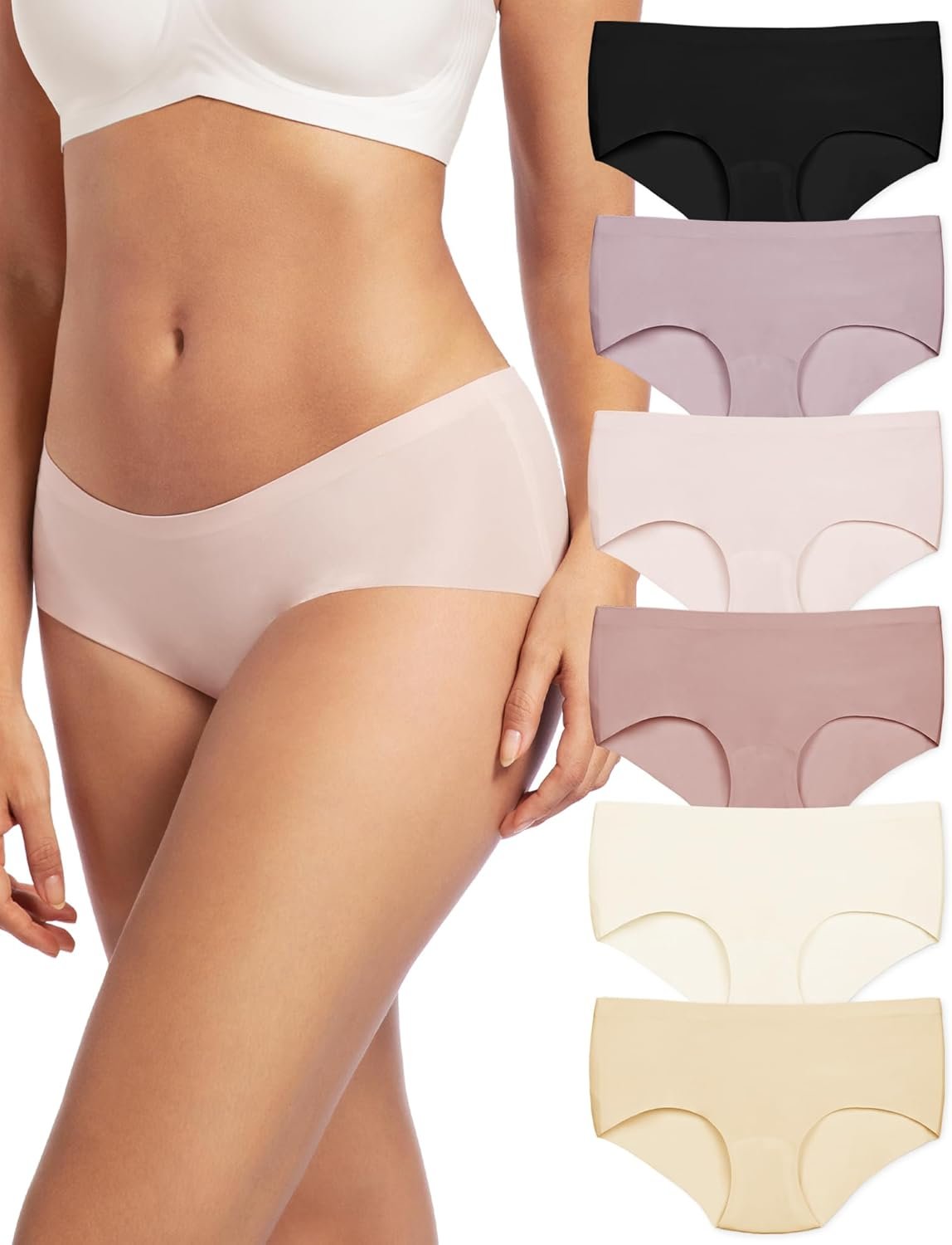 Seamless Underwear Women No Show Hipster Panties 6 Pack Mid Rise Silky Soft Thin Comfort Stretch Breathable Briefs
