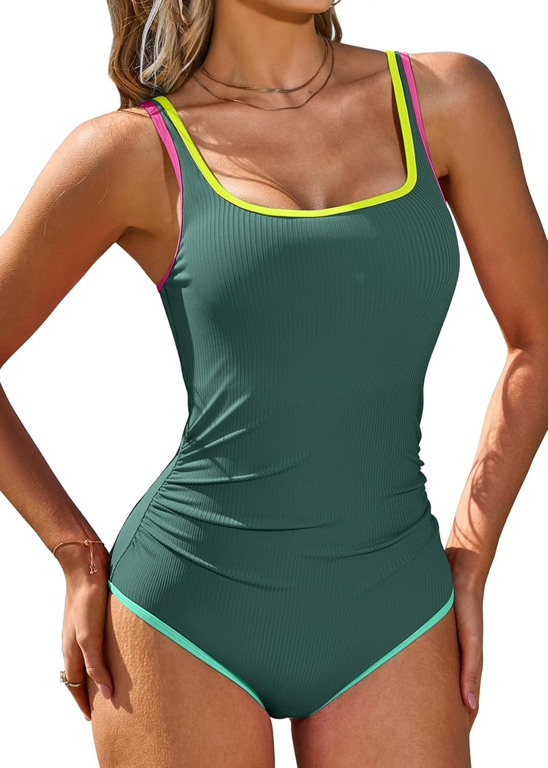 Charmo One Piece Swimsuit Women Ribbed Color Block Bathing Suit Tummy Control Slimming Swim Suits 2026 Sports Swimwear