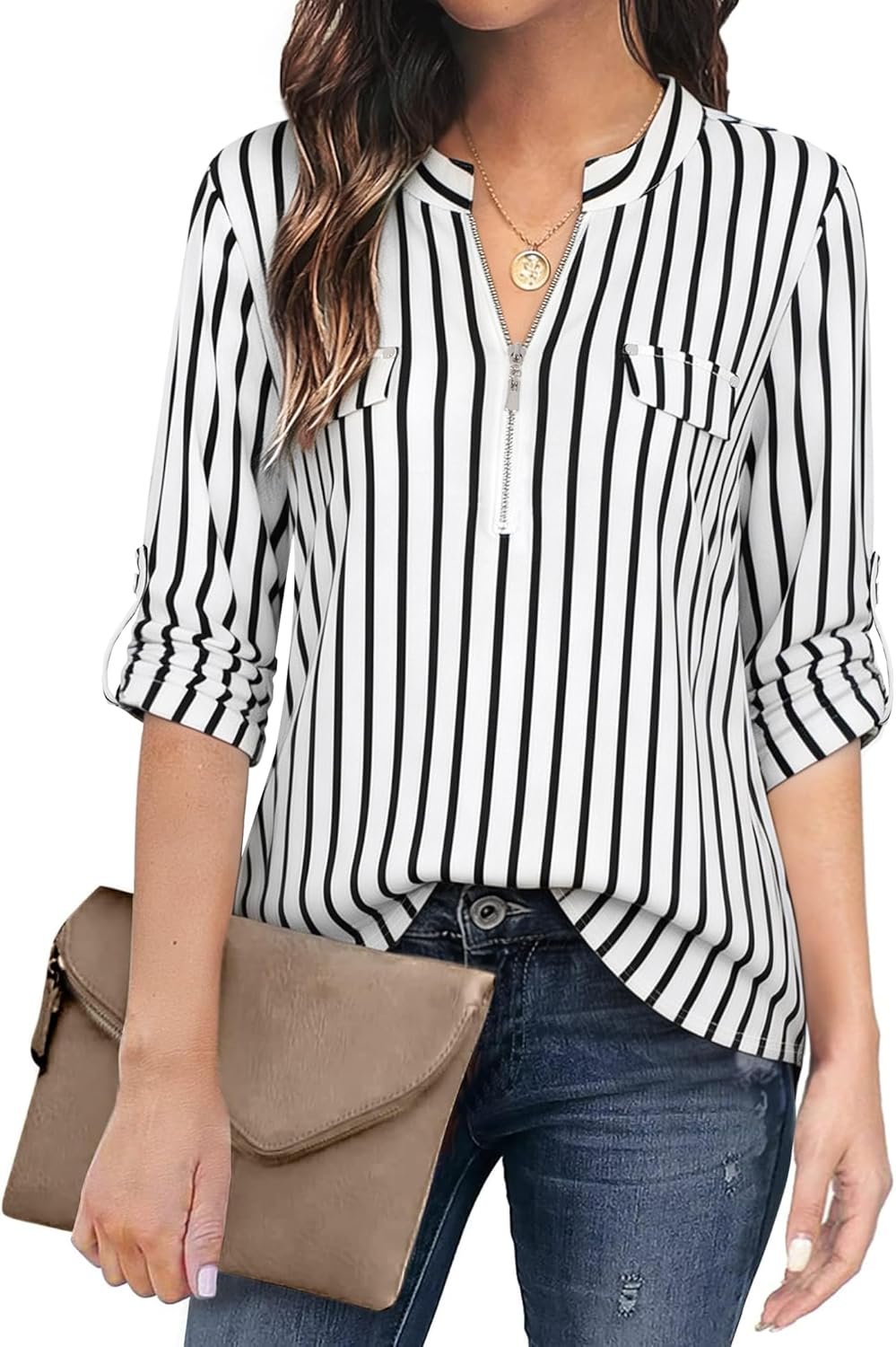 BEPEI Womens Floral 3/4 Sleeve Shirts Zip up V Neck Work Chiffon Blouses Top