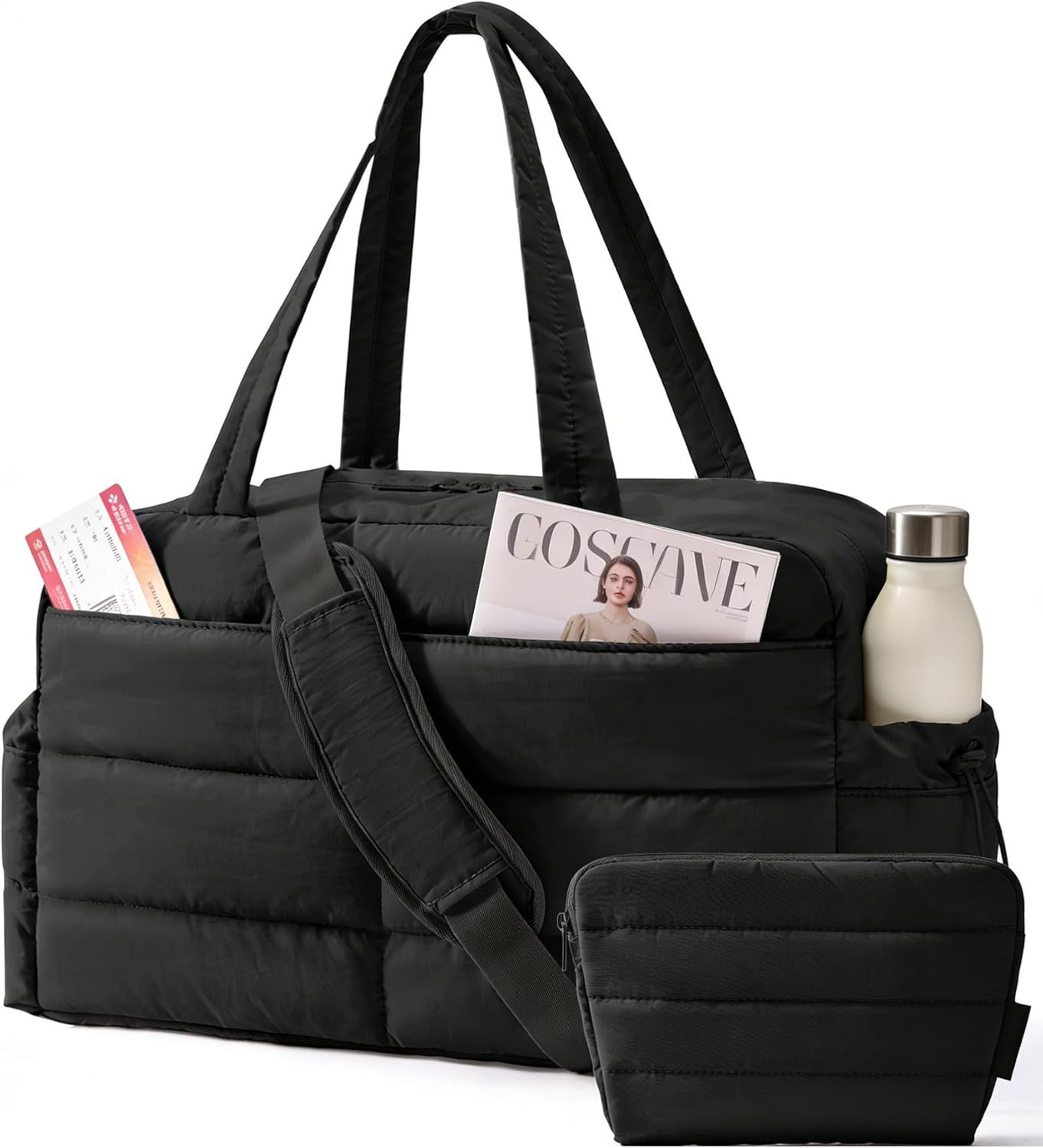 BAGSMART Gym Bag for Women, Lightweight Puffer Duffle Bag 2-PC Travel Bag, 31L Weekender Overnight Bag Quilted Carry On Tote Bag, Diaper Hospital Dance Bag for Travel, Gym, Water Resistant, Black
