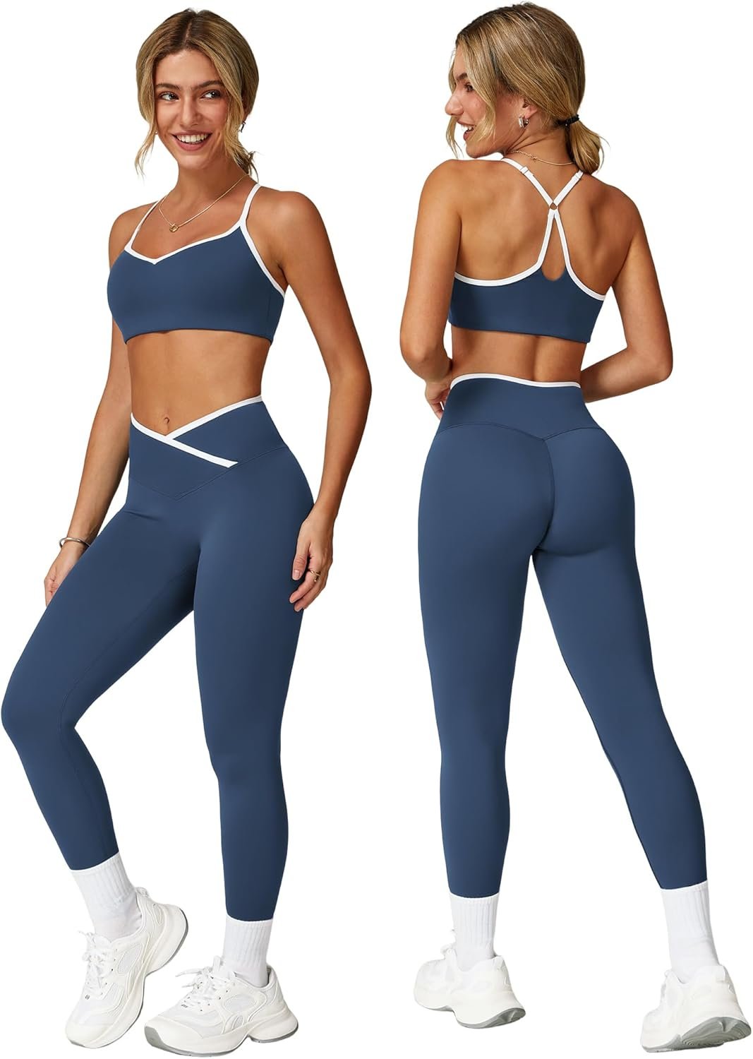 ABOCIW Workout Sets for Women 2 Piece Color Block Strappy Sports Bra High Waist Shorts Gym Yoga Pilates Outfits