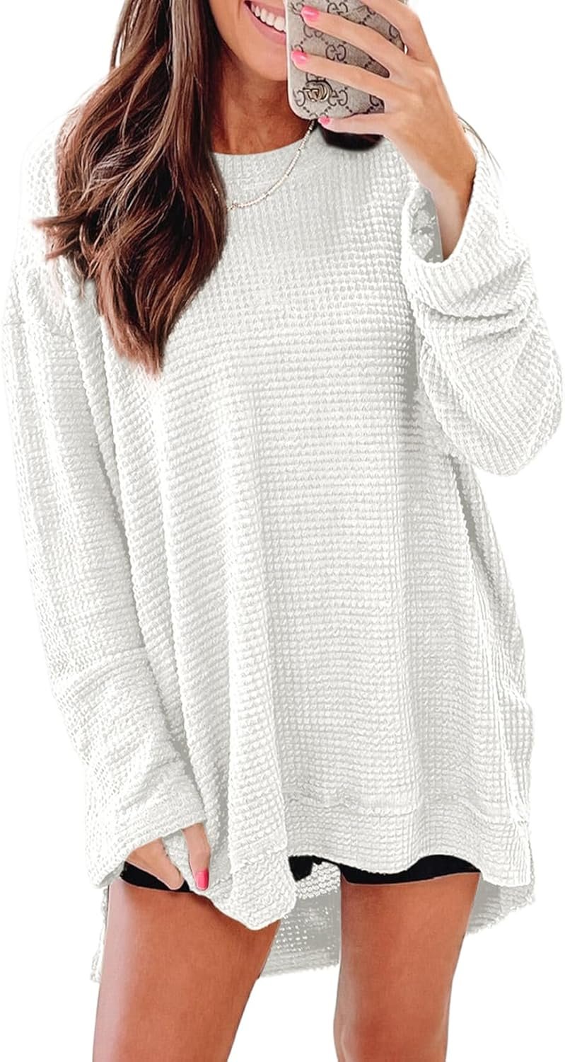 SHEWIN Long Sleeve Shirts For Women Oversized Sweatshirt Crewneck Waffle Knit Fall Tops for Women 2026