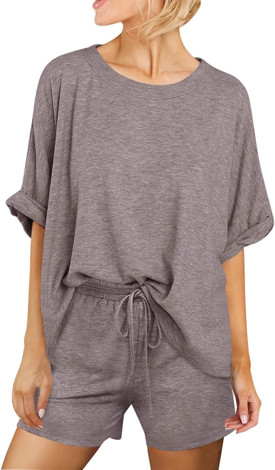 Tankaneo Womens 2 Piece Lounge Sets Oversized Short Sleeve T-shirts Drawstring Shorts Sets Pajamas Summer Outfits
