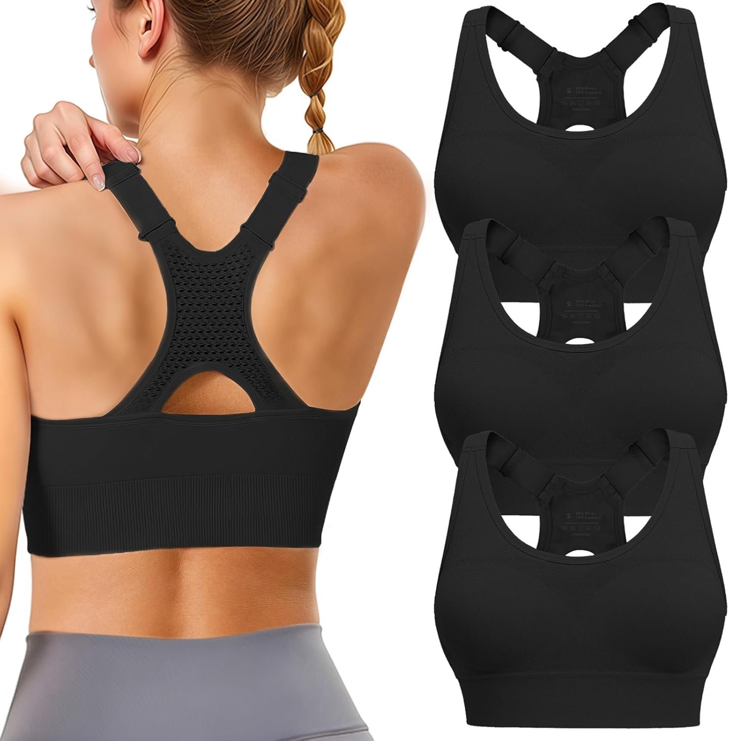 Adjustable Sports Bras for Women: 3 Pack High Support Padded Racerback Sport for Large Bust Workout Running Gym