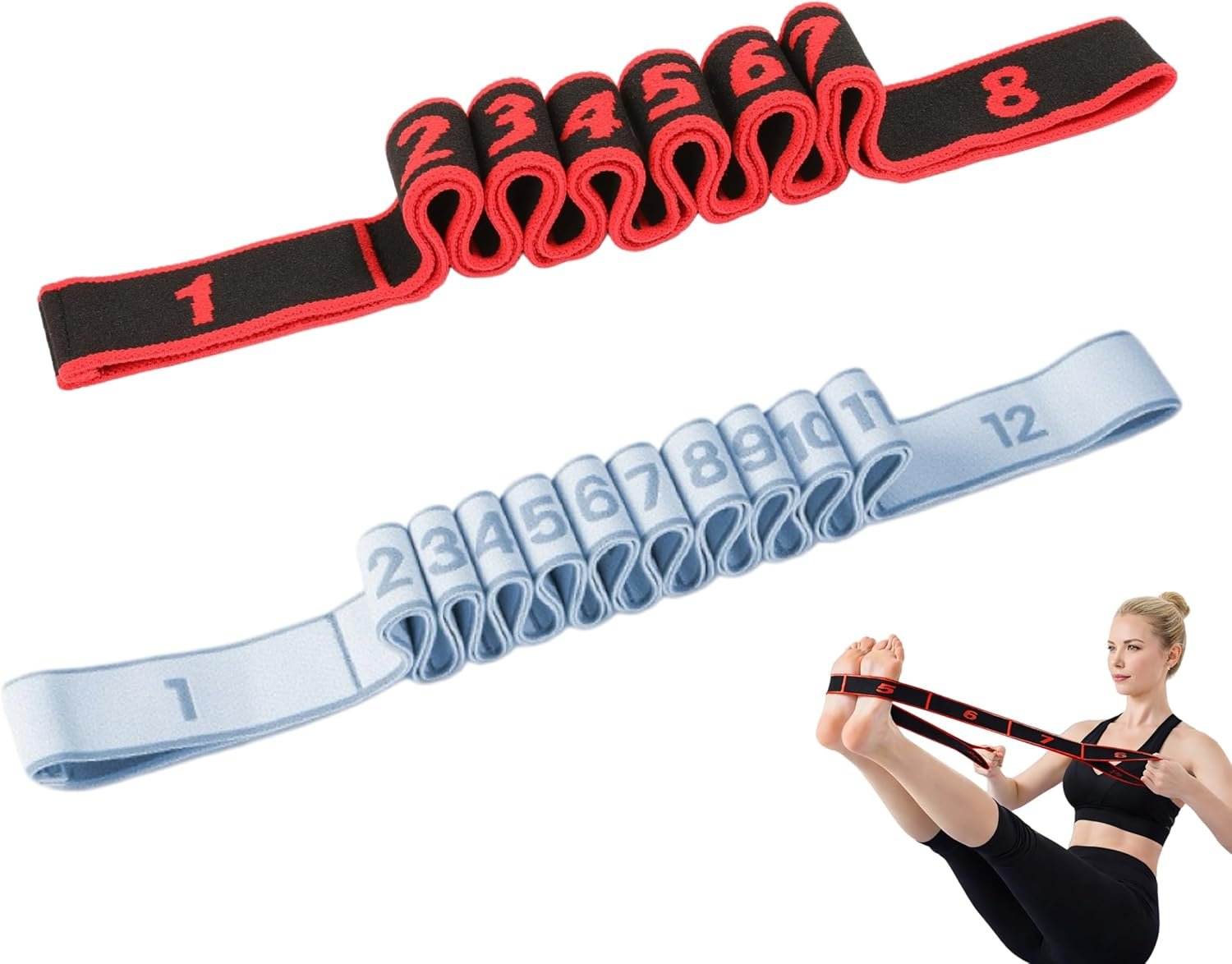 Resistance Bands for Stretching, 8 & 12 Loop Stretch Strap Set, Numbered Yoga & Physical Therapy Bands for Flexibility, Pilates & Full Body Workout (35″ & 51″)