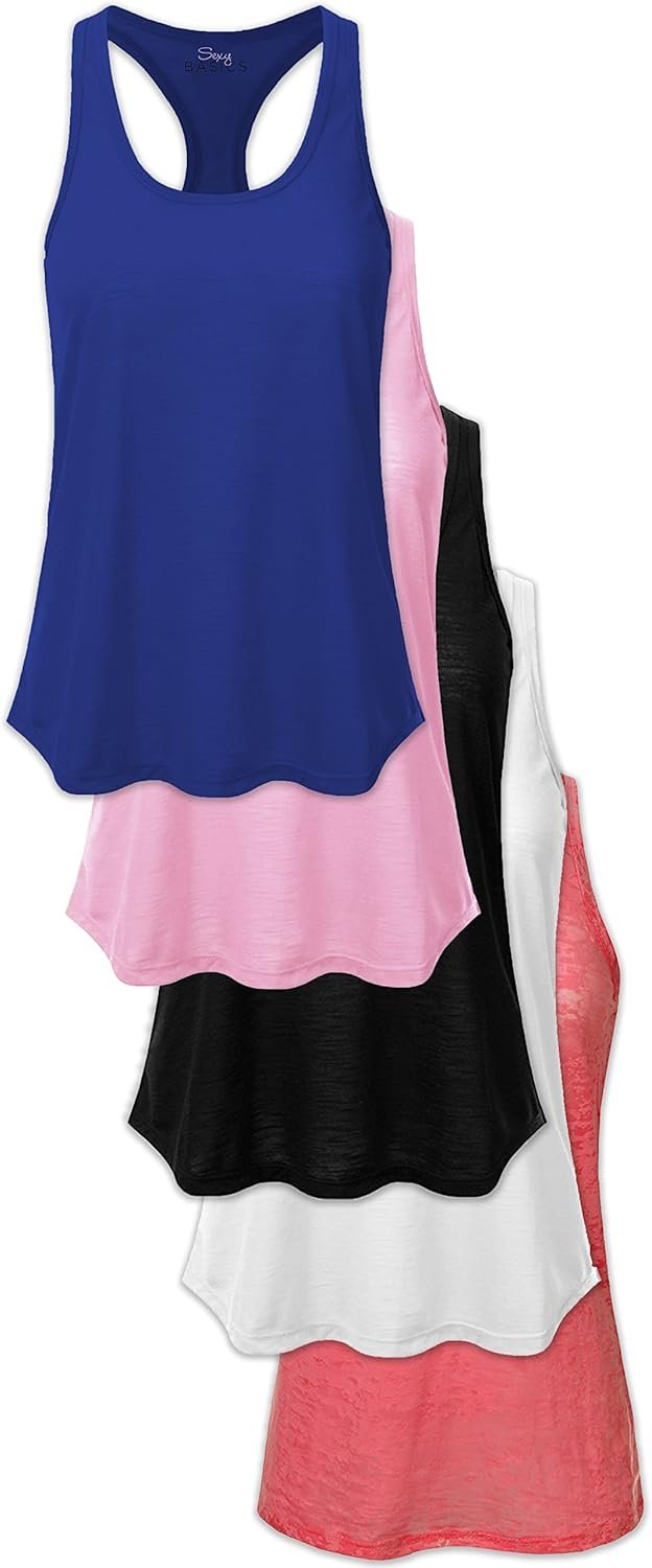 Sexy Basics Women’s Everyday Flowy Burnout Slub Racer Back Tanks | Active Workout Tops | Multi Packs & Colors