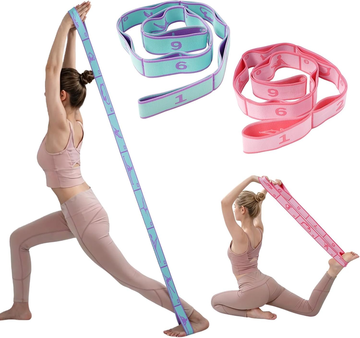 2 Pack 9-Loop Stretch Strap with Pose Guide Pattern, Elastic Yoga Band for Dance, Pilates, Gymnastics, Flexibility Exercise, Kids Workout Training, Youth Ballet Belt