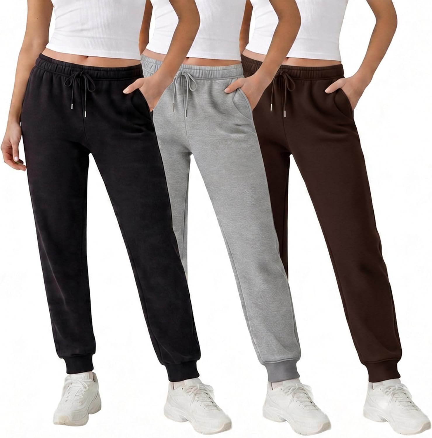 Common Stitch 3 Pack Fleece Joggers for Women — Deep Pockets, Slim Fit, Elastic Drawstring Waist