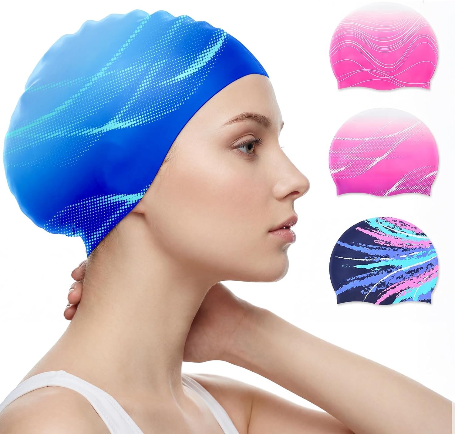 Swim Cap for Women Adult, Silicone Swimming Cap for Long Hair, Waterproof Swim Hats to Keep Hair Dry