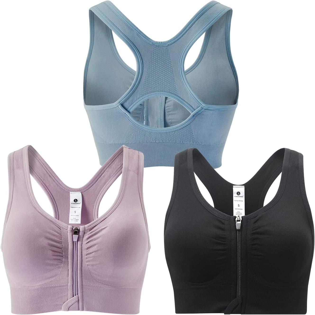 Zip Front Sports Bra for Women – Medium Support Racerback Workout Bra with Removable Pads & Double Hooks