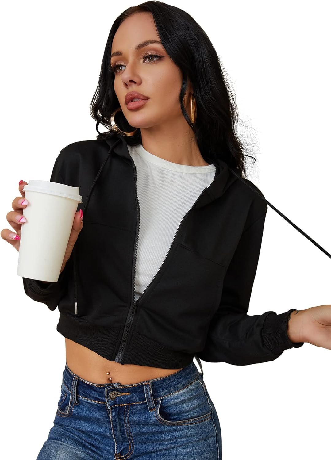 Women’s Zip Up Hoodies Cropped Cardigan Jacket Drawstring Hooded Sweatshirts Casual Long Sleeve Top…