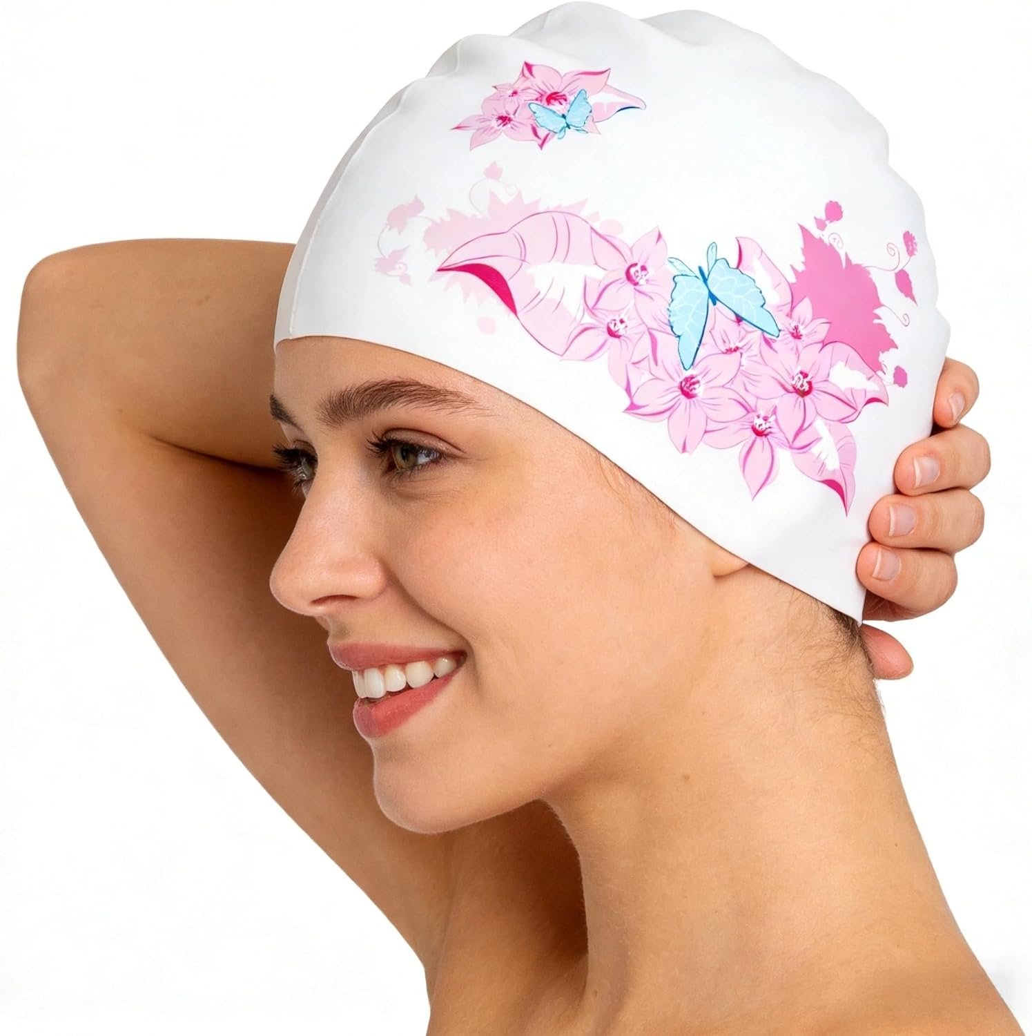 Women Swim Cap, Pretty Floral Print High-Elastic Soft Durable Silicone, Anti Slip Waterproof Comfortable Fit, Ideal for Outdoor Indoor Swimming Pool/Beach.