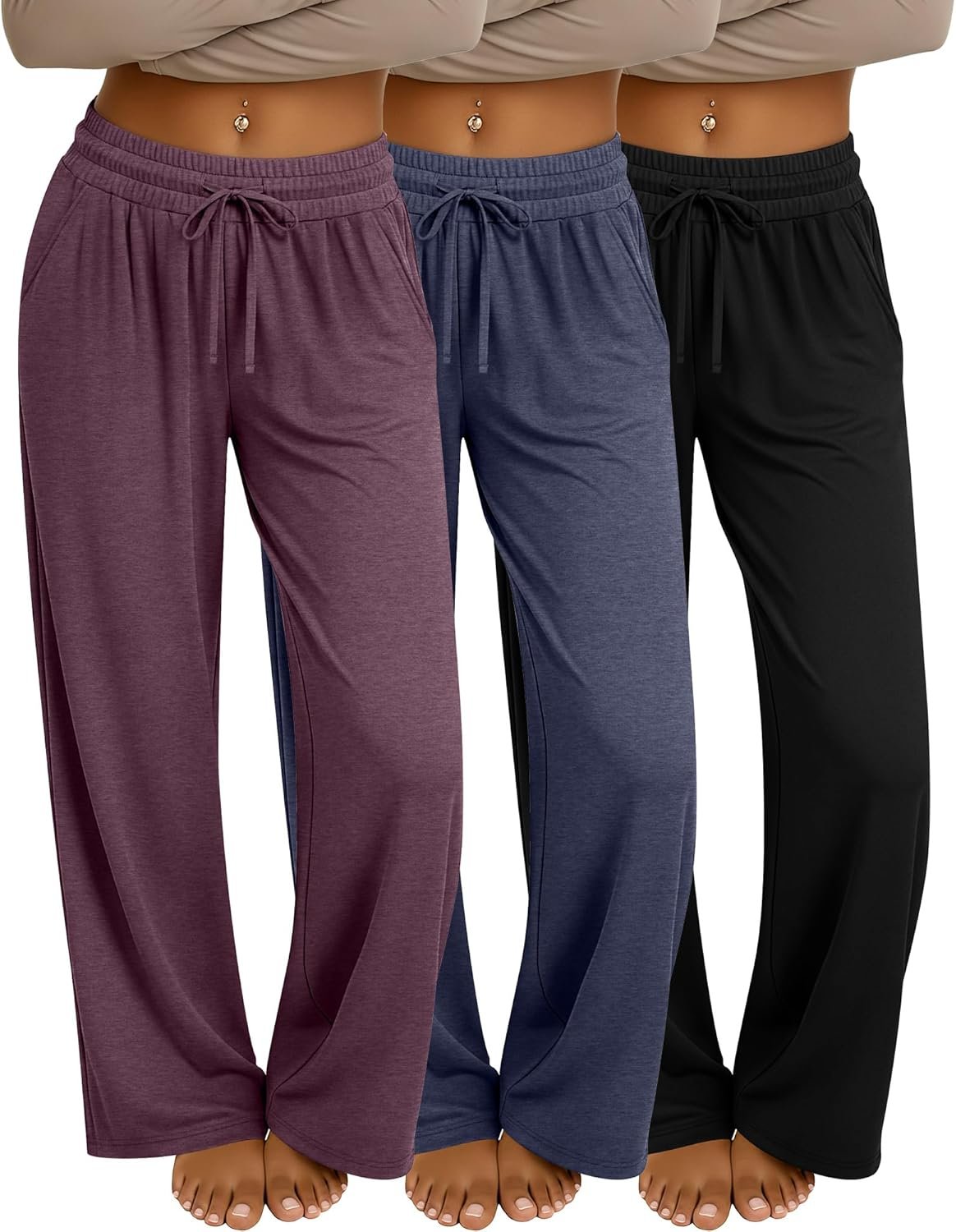 Neer 3 Pack Women’s Baggy Sweatpants with Pockets, Wide Leg Yoga Pants Cozy Thick Lounge Pants Drawstring Casual Loose Jogger