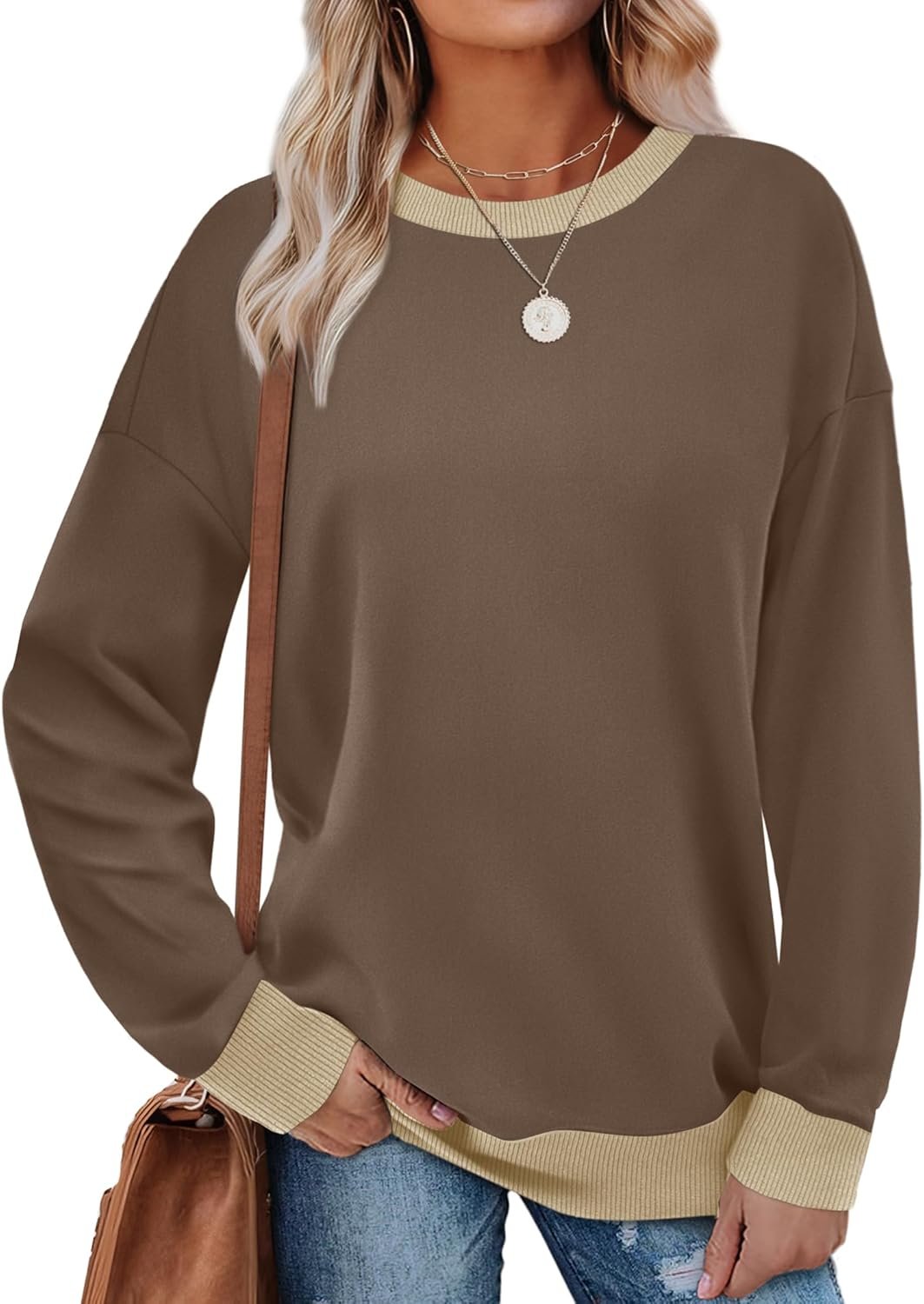 Saloogoe Sweatshirts for Women Crewneck Long Sleeve Loose Fit Tops Color Block Ribbed Trim Fashion 2025