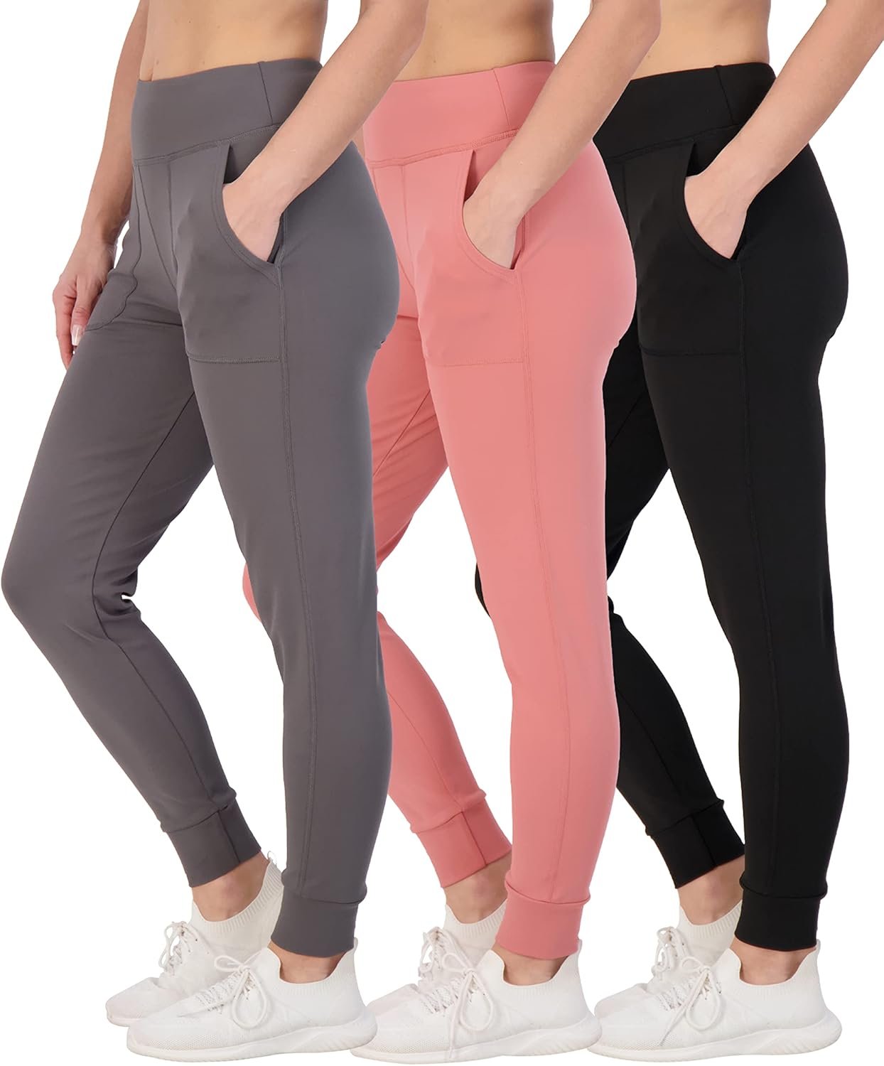 Real Essentials 3 Pack: Women’s Workout Yoga Jogger Track Pants – High Waist Running Athletic Sweatpants with Pockets (Plus)