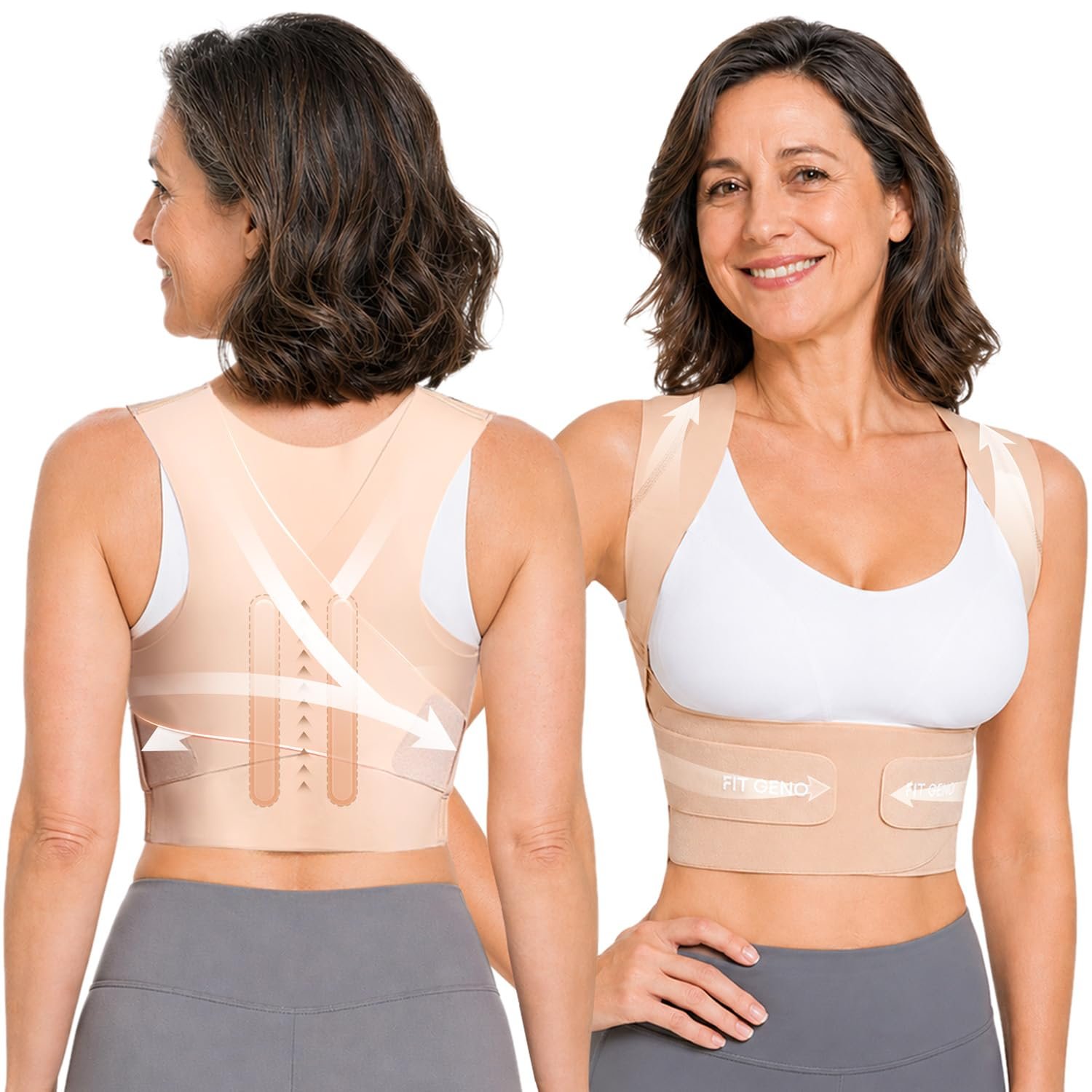 Fit Geno Invisilite Posture Corrector for Women, Adjustable Back Brace for Hunchback Slouching, Upper Back Neck Shoulder Pain Relief, Lightweight Discreet Under Clothes, Large