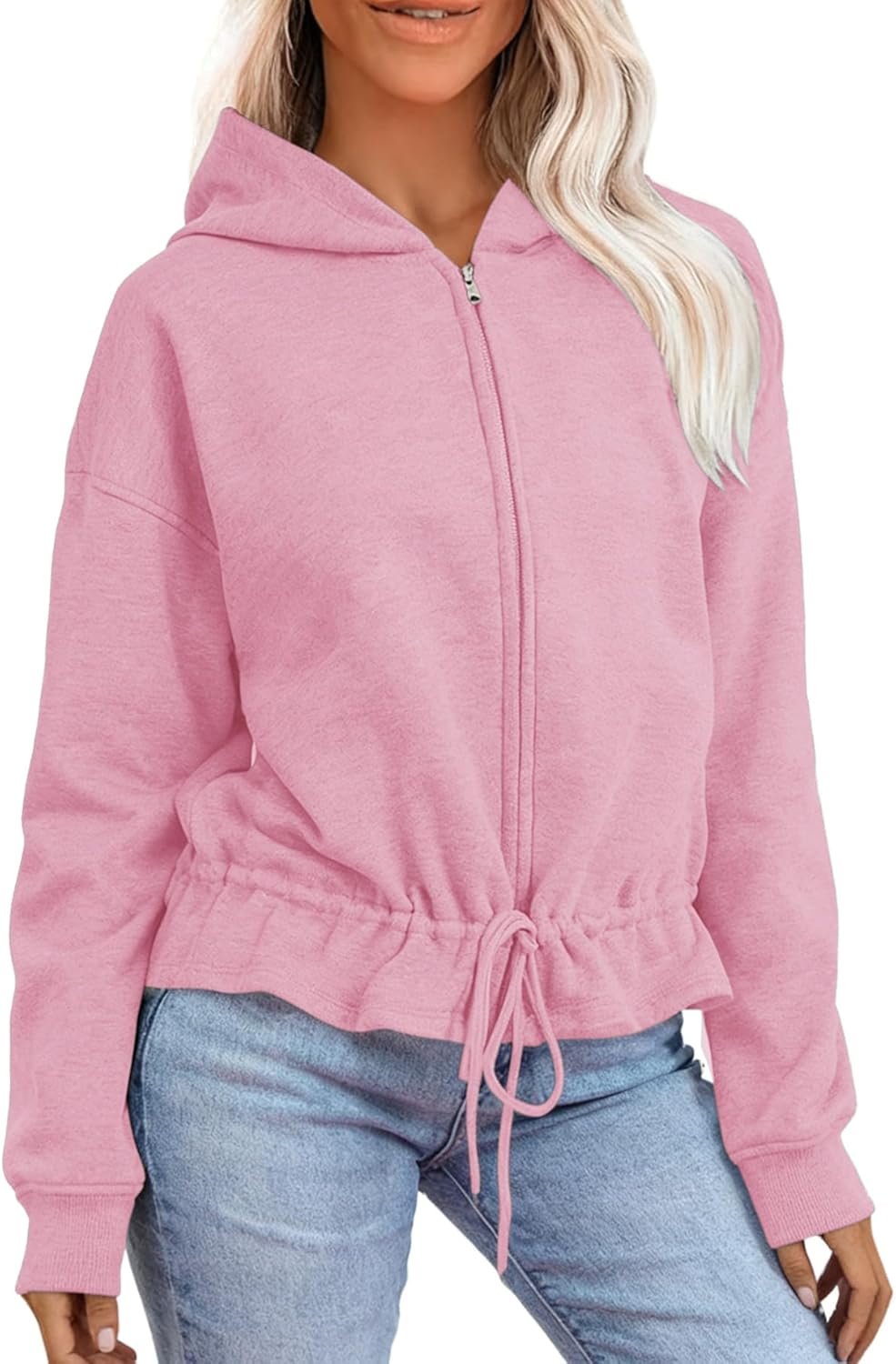 Uincloset Women’s Drawstring Waist Full Zip Hoodies Long Sleeve Cropped Casual Sweatshirts Jacket Lightweight Hooded Cardigan
