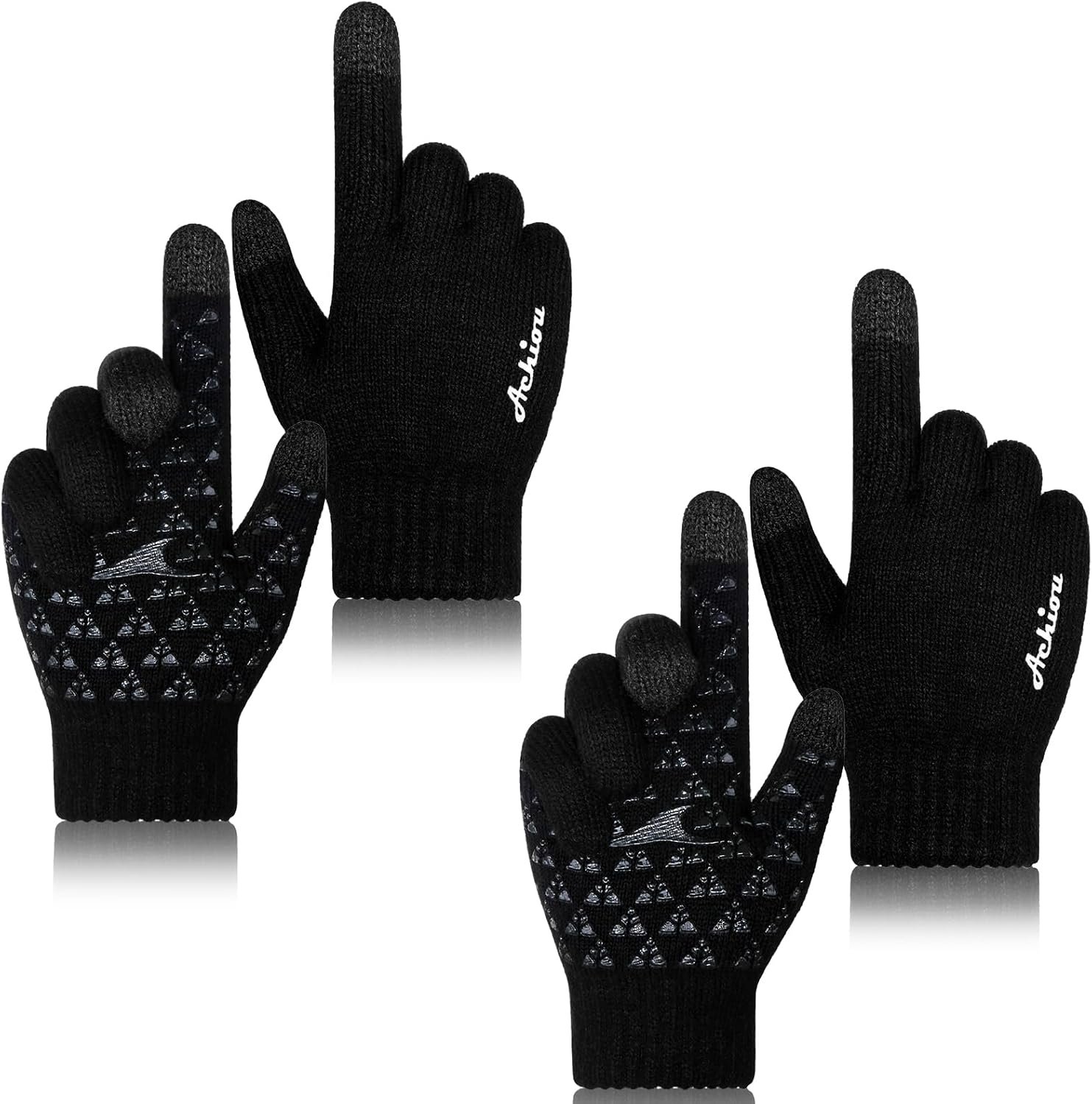 Achiou Winter Gloves for Men Women, 2 Pairs Touch Screen Texting Warm Running Gloves Thermal Soft Knit Lining, Elastic Cuff