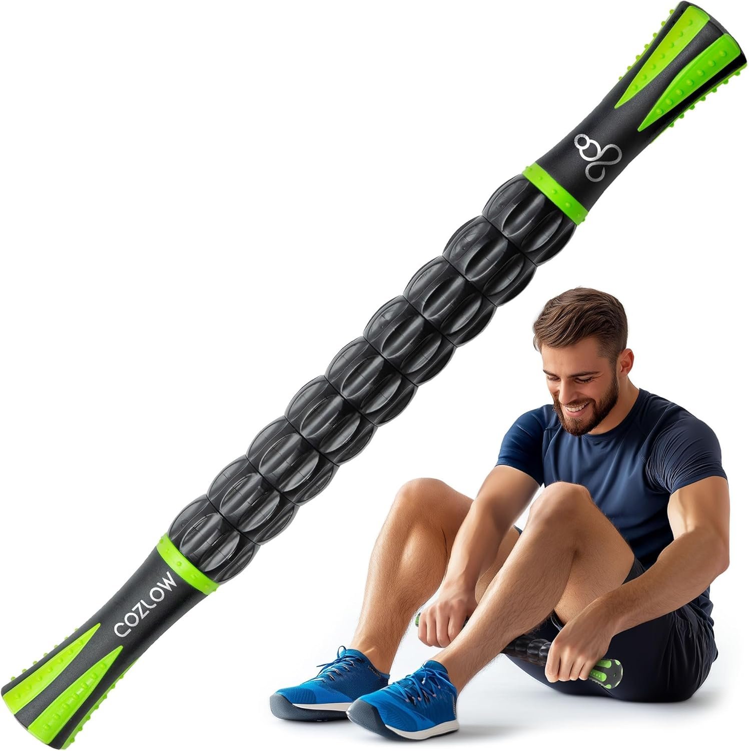 Muscle Roller Stick – Black Green – Body Massage Tool w/ 9 Rollers & Non-Slip Handles for Deep Tissue Massage & Maximum Muscle Recovery – by Cozlow