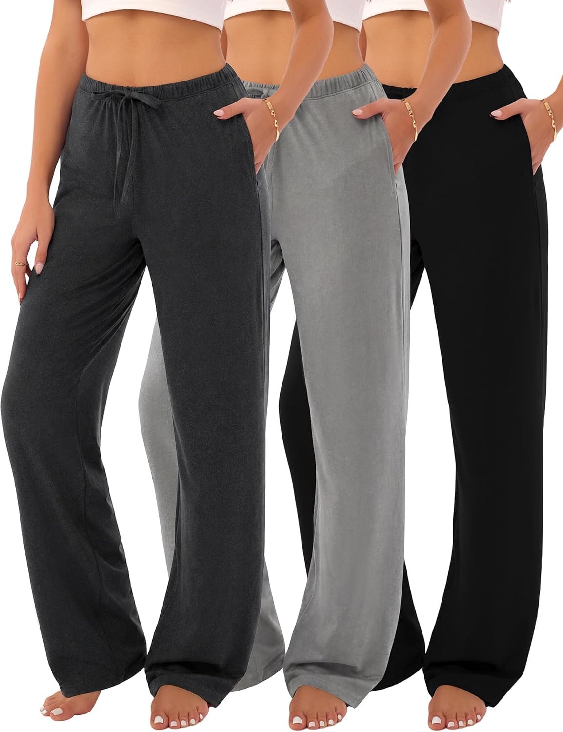 3-Pack Womens Pajama Pants with Drawstring, Soft Sleep & Lounge Pants