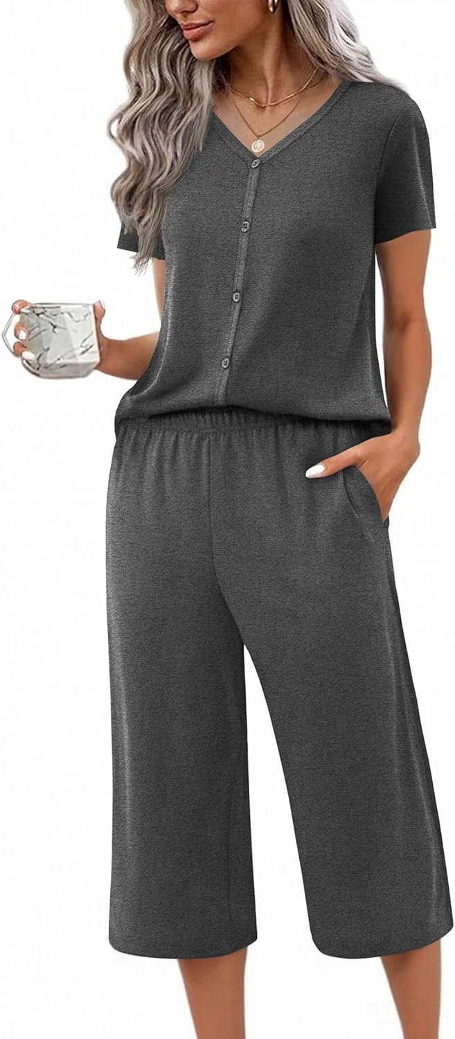 Ekouaer Women’s Pajama Sets Short Sleeve Sleepwear Button Up Pj Loungewear Top and Capri Pants with Pockets