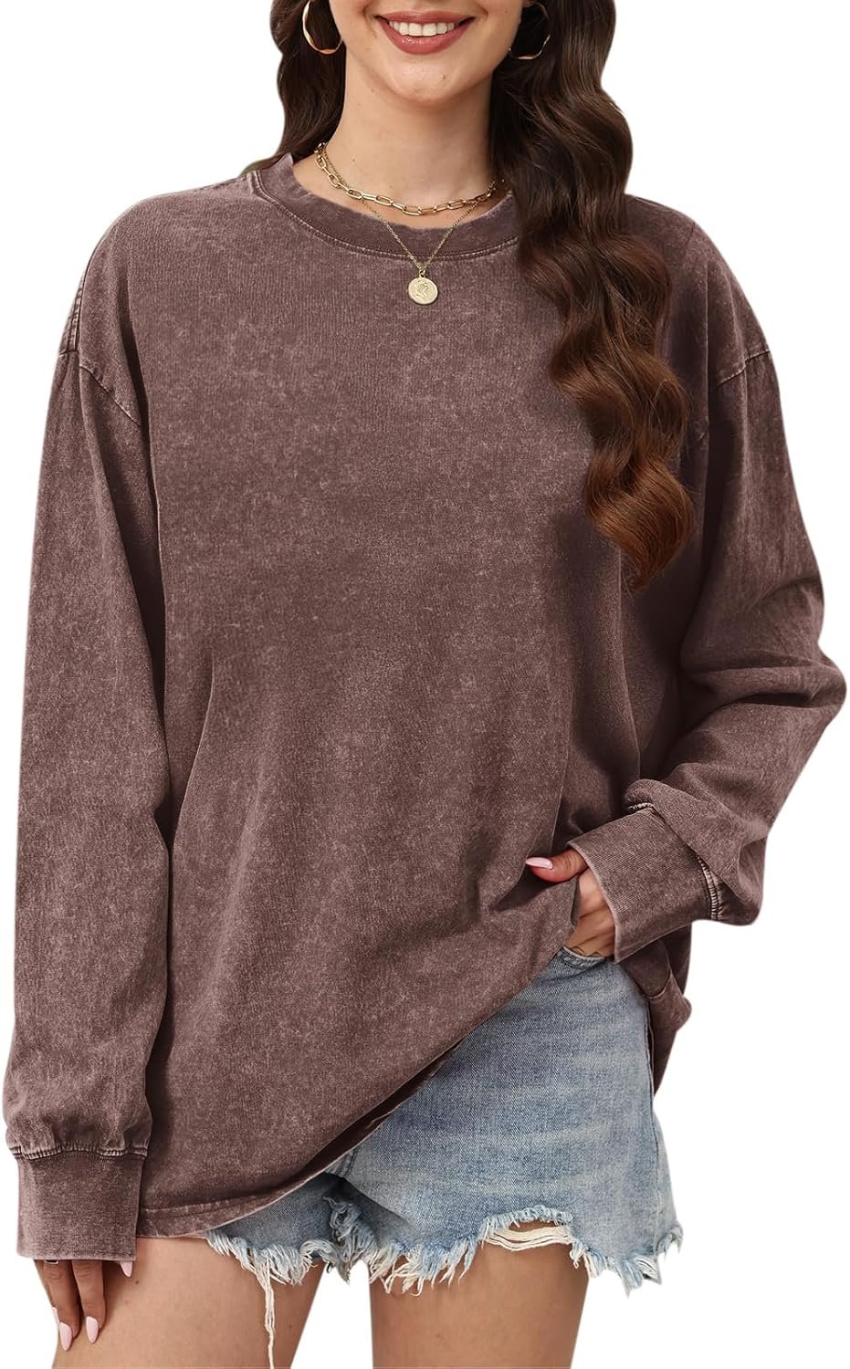 Wrenpies Oversized Long Sleeve Shirts for Women Acid Wash Tshirts Loose Fit Vintage Casual Basic Baggy Cozy Crewneck Tops