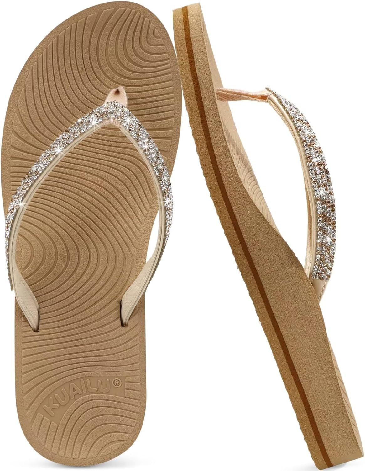 KuaiLu Women’s Rhinestone Flip Flops with Comfort Arch Support Yoga Mat Cushion Sandals Fashion Summer Beach Travel Orthotic Walking Thong Sandles Slip on Plantar Fasciitis Indoor Outdoor Shoes