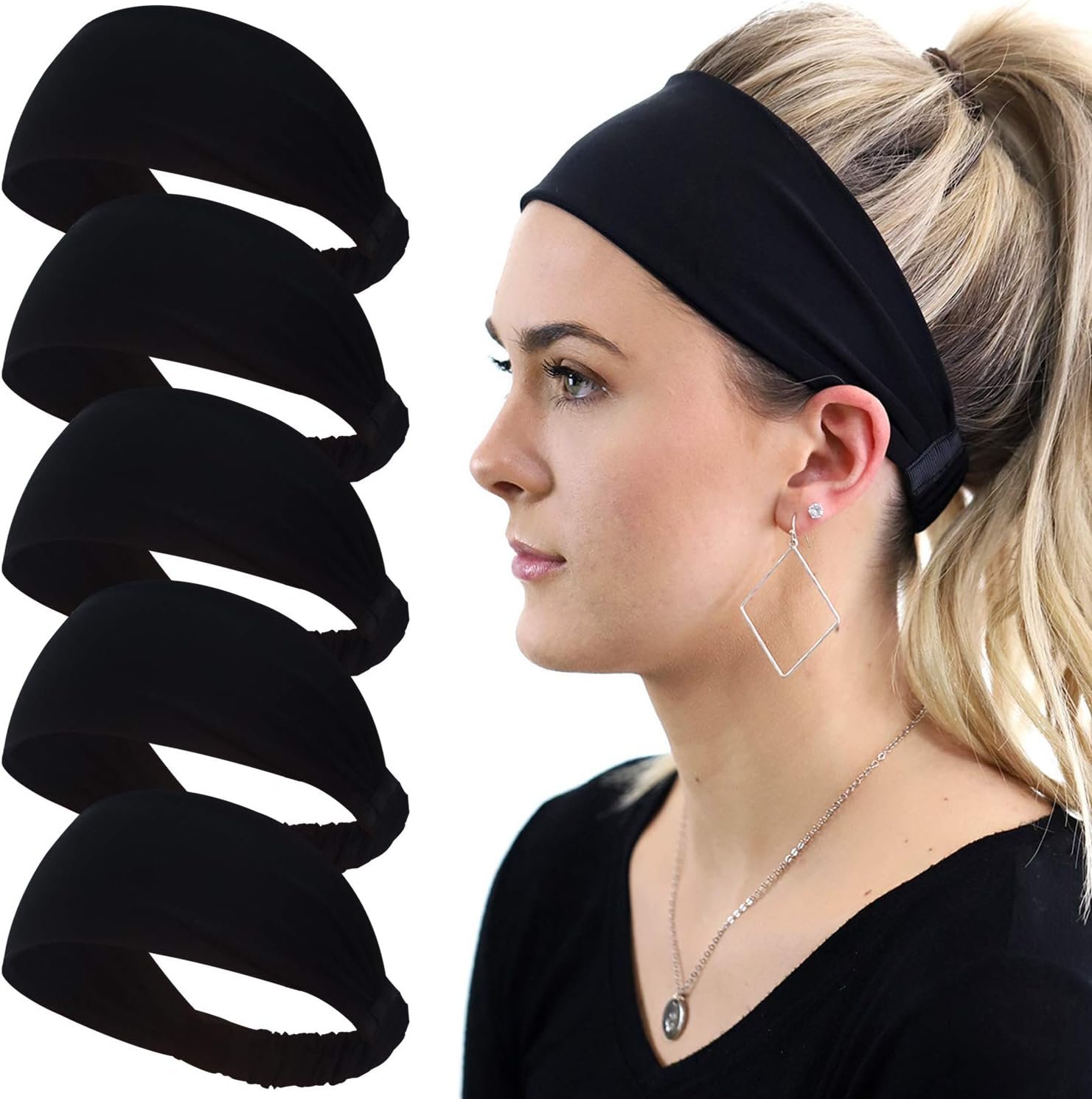 5 Pack Wide Headbands for Women, Sweat-Absorbing Sport Sweatbands, Soft Elastic Yoga Hairbands, Comfortable Hair Bands for Fitness Workout Travel Exercise