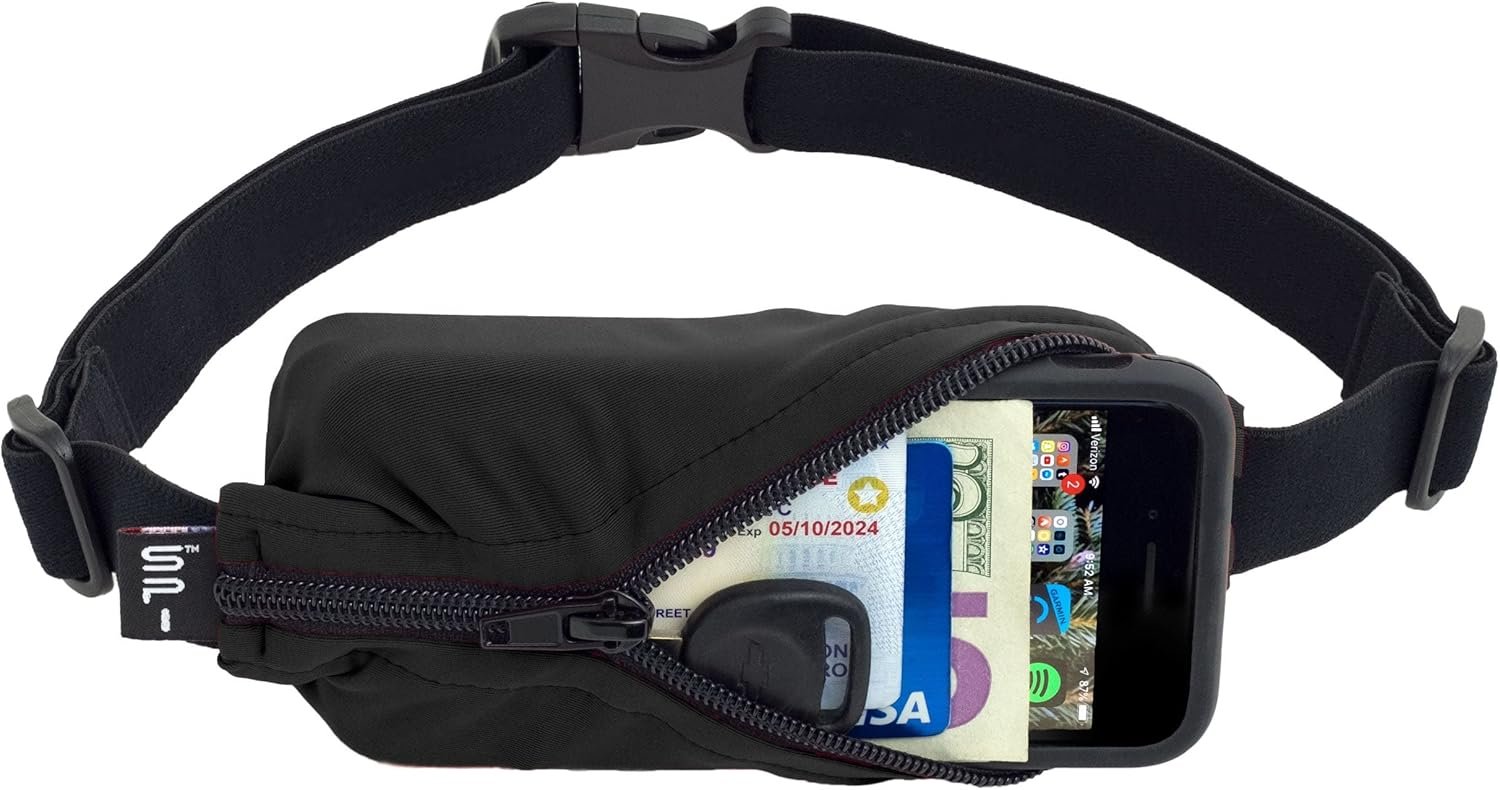 SPIbelt Running Belt Original for Women Men, Phone Holder for Running, Running Fanny Pack, Holder for Phone, Running Waist Pack, Adjustable, [Fits All Phones]. No Logo Band, Black with Black Zipper