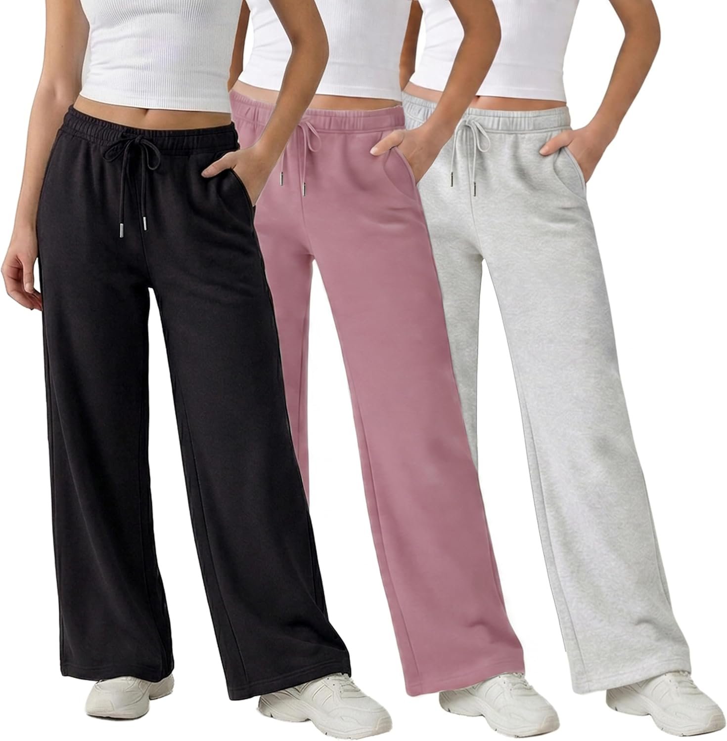 Common Stitch 3 Pack Wide Leg Fleece Lounge Sweatpants for Women — Deep Pockets, Relaxed Fit, Elastic Drawstring Waist