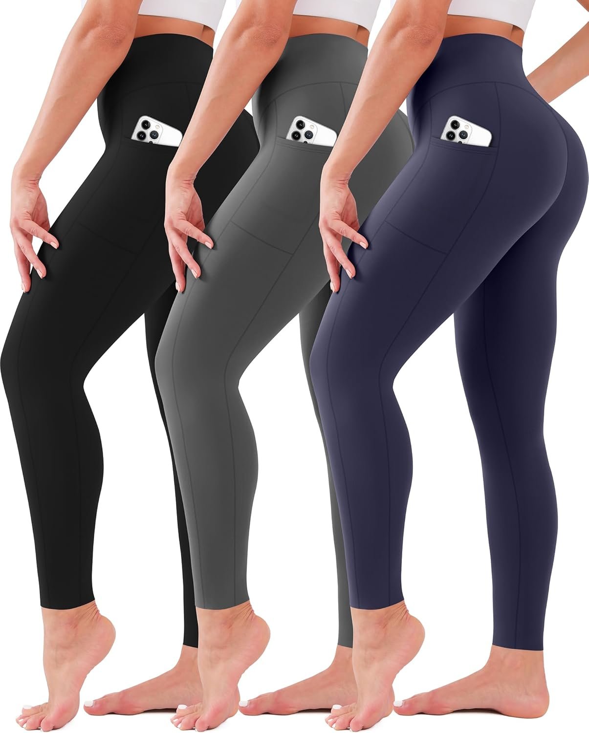 SUNCLOVE 3 Pack Leggings with Pockets for Women High Waisted Tummy Control Soft Yoga Pants Womens Leggings