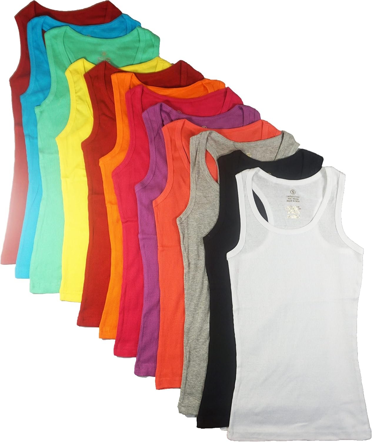 Studio 3 12 Pieces Pack Women’s Ribbed 100% Cotton Slim Tank Tops-Assorted Color
