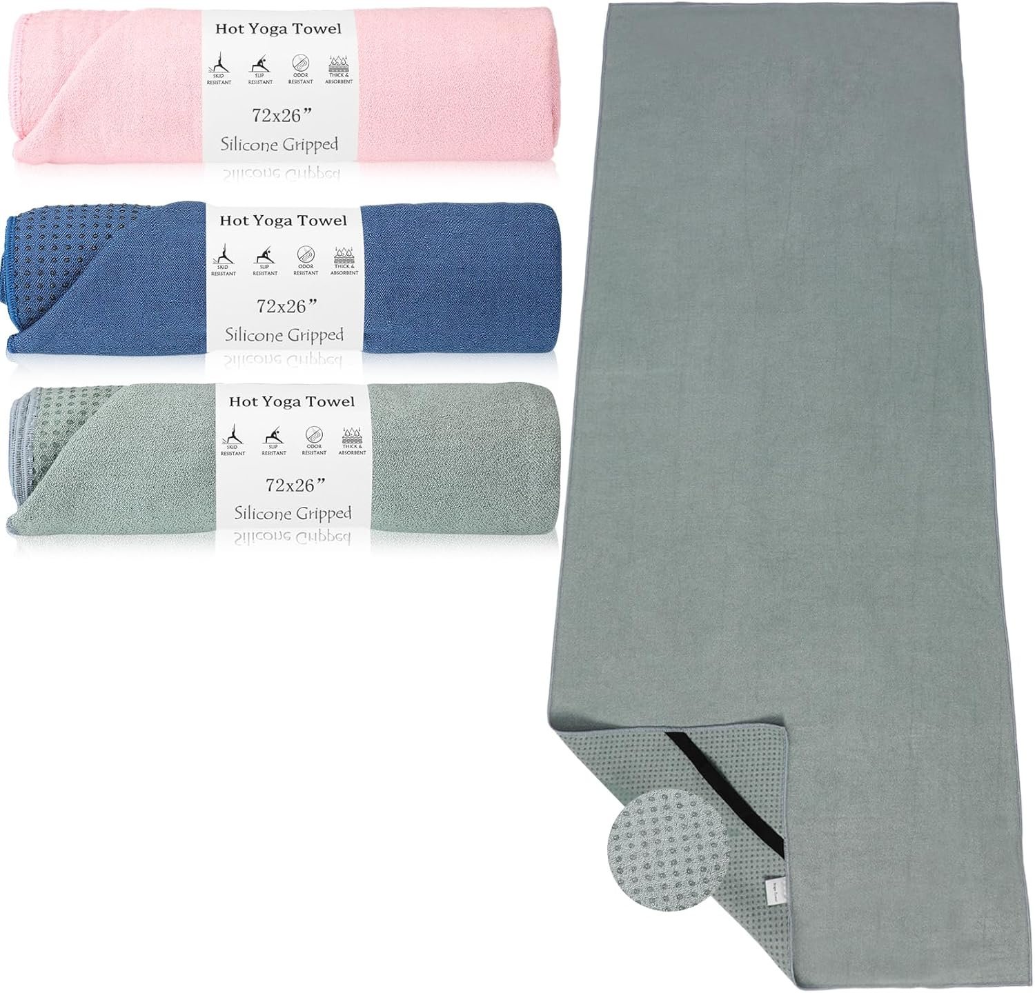 Hahafelt 3 Pack Hot Yoga Mat Towel Non Slip Microfiber Pilates Towel with Grip Dots & Elastic Straps, 72″ x 26″ Absorbent Sweat Anti-Slip Hot Yoga Gym Mat for Fitness Workout(Morandi Pink Blue Green)