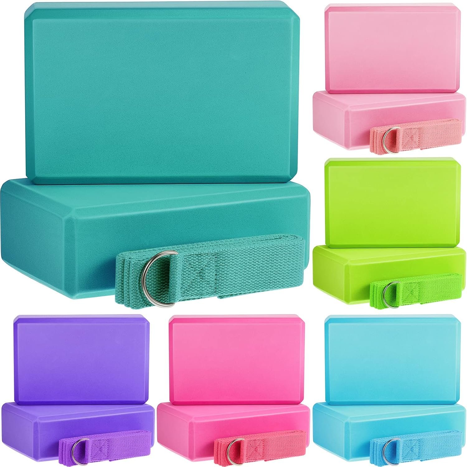 Meooeck 18 Pcs Yoga Blocks and Strap Set Include 12 EVA Foam Yoga Blocks Bulk 9″x6″x3″ with 6 Adjustable 8 ft Straps D Ring Non Slip Props for Stretching Pilates Workout Studio Home Gym