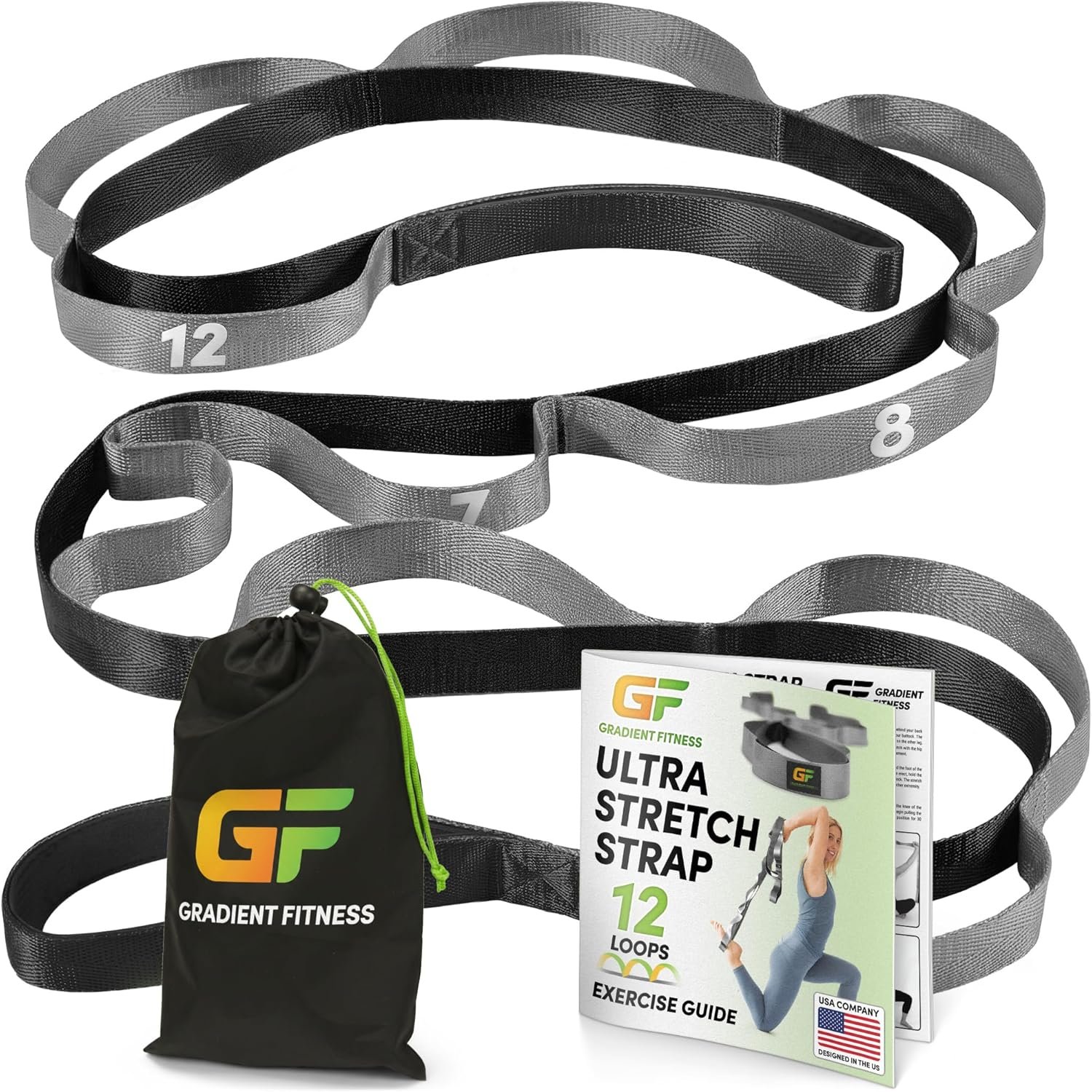 Gradient Fitness Stretching Strap for Physical Therapy, 12 Multi-Loop Stretch Strap 1″ W x 8′ L, Neoprene Handles, Physical Therapy Equipment, Yoga Straps for Stretching, Leg Stretcher.
