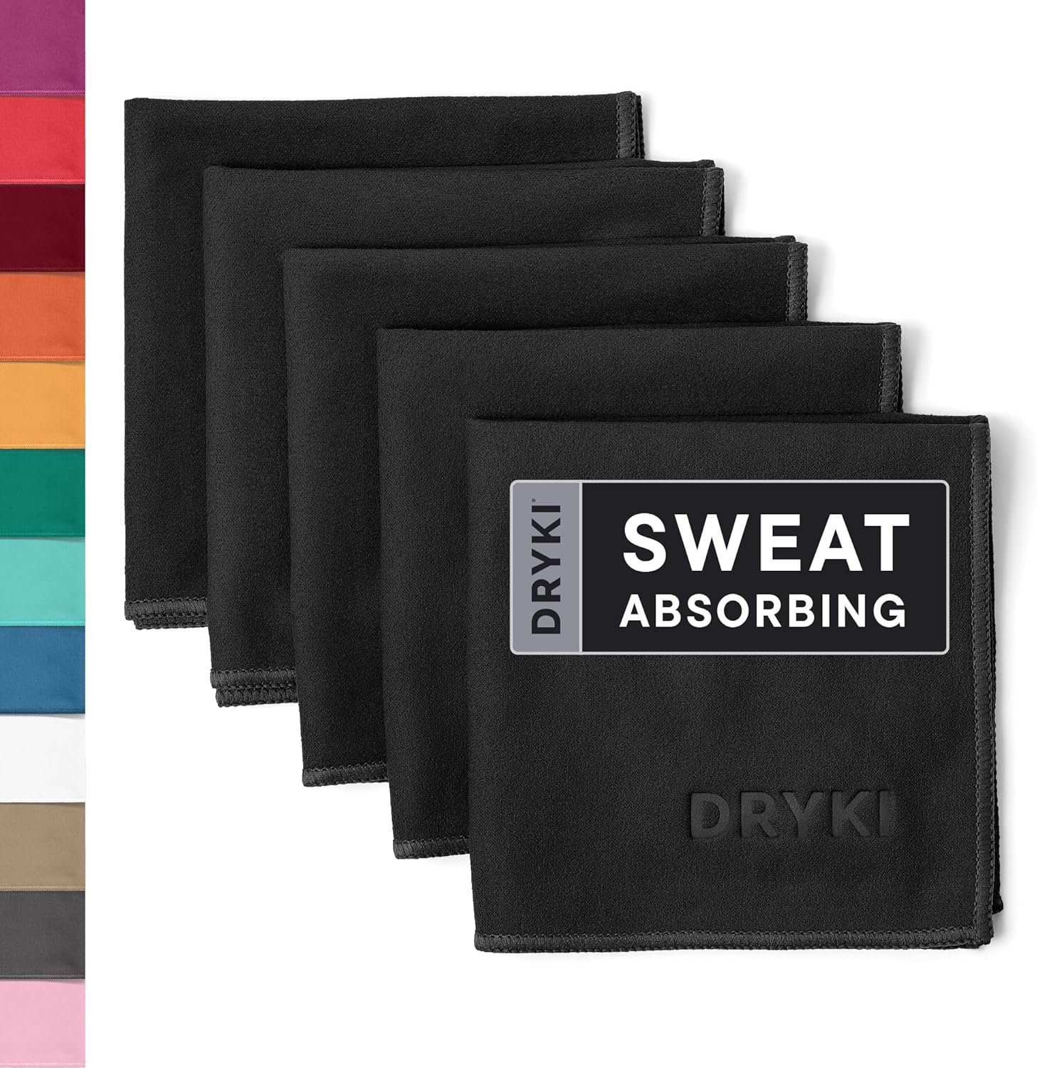 DRYKI Sweat Absorbing Handkerchiefs – The Original Pocket-Sized Sweat Towels – Quick-Dry Microfiber Sweat Rags for Face, Hands, & Body – Men & Women – Gym, Sports, and Work (Black: 5 Pack)