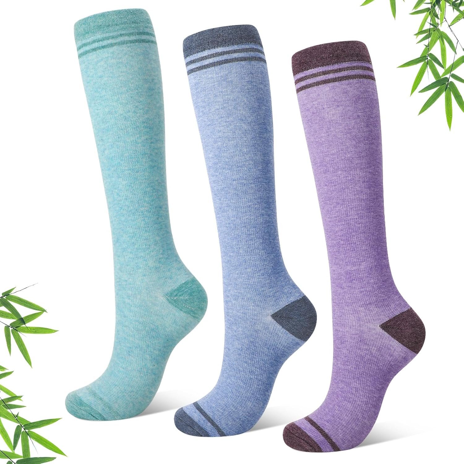 3 Pairs Bamboo Compression Socks for Women and Men 15–20 mmHg Graduated Knee High Support