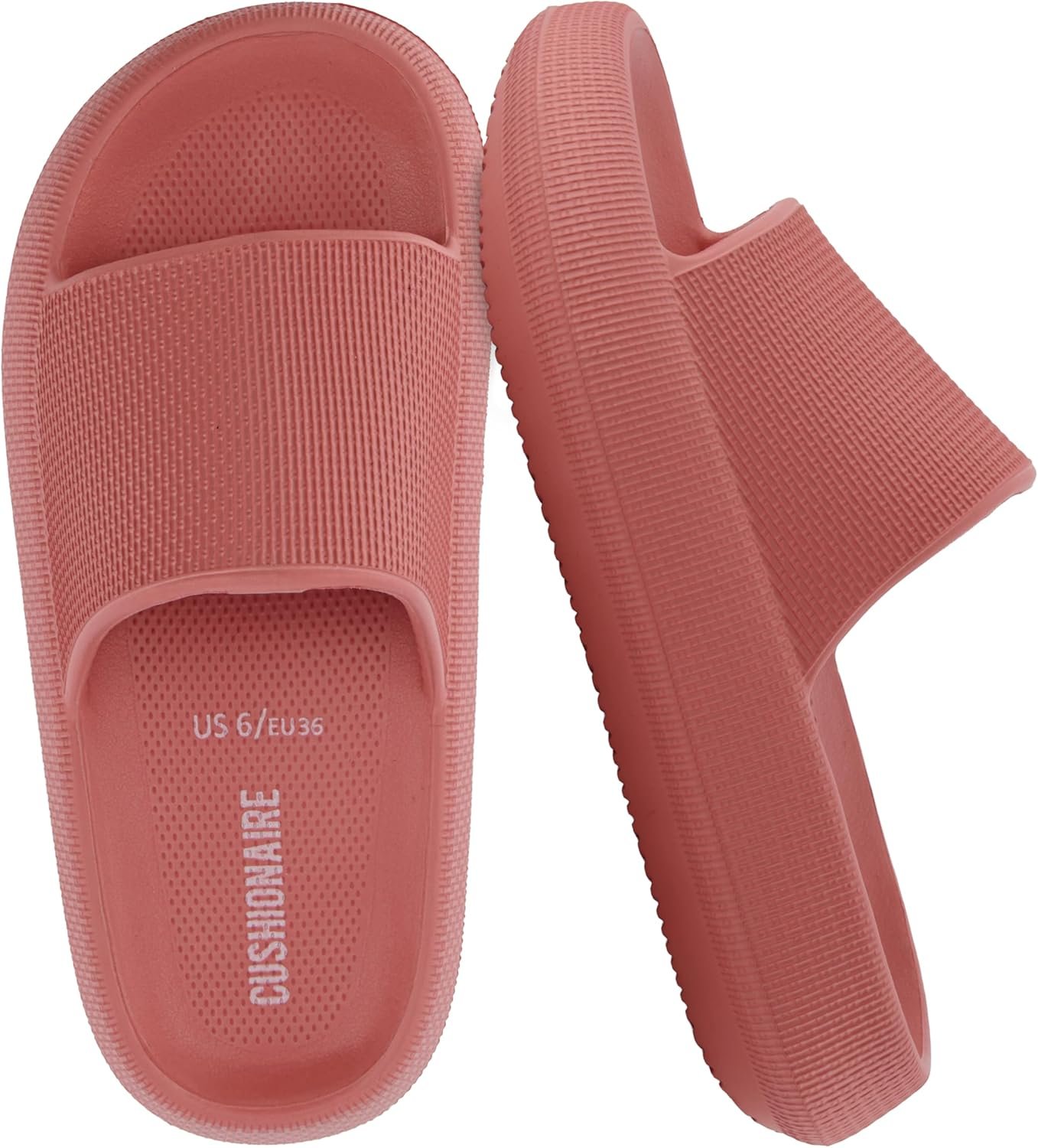 CUSHIONAIRE Feather EVA Slides for Women – Comfortable Slip On Womens Slippers, Indoor Outdoor Shower Shoes, Beach Essential Cloud Slides