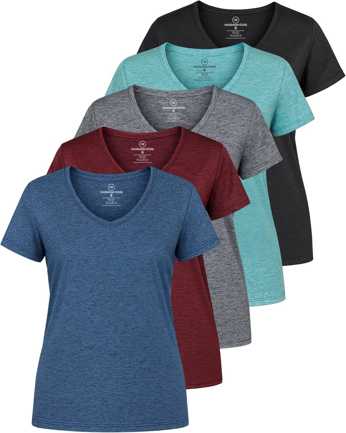 Real Essentials 5 Pack: Women’s Dry-Fit Short Sleeve V Neck T Shirt Workout Fitness Yoga Top Tee (Available in Plus Size)