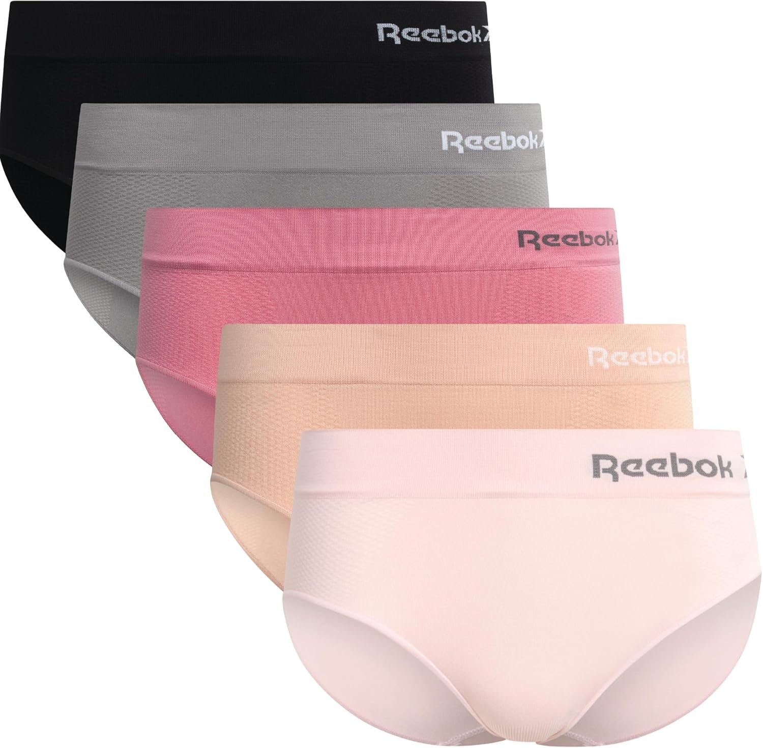 Reebok Hipster Panties for Women – 5 Pack Stretch Performance Seamless Underwear with Relaxed Tag-Free Waistband (S-XL)