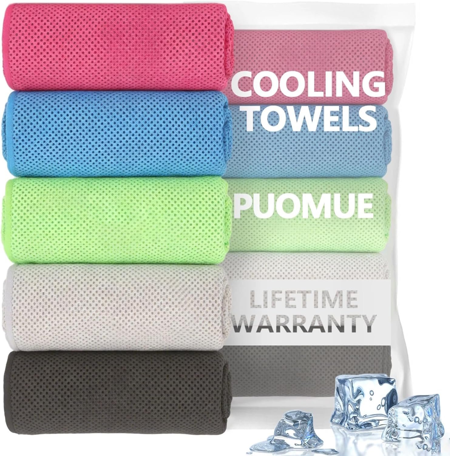 Puomue 5 Pack Cooling Towels, 40 Inches X 12 Inches, Breathable Soft Chilly Microfiber Towel for Yoga, Sport, Running, Workout, Gym, Camping and Fitness, Multicolor