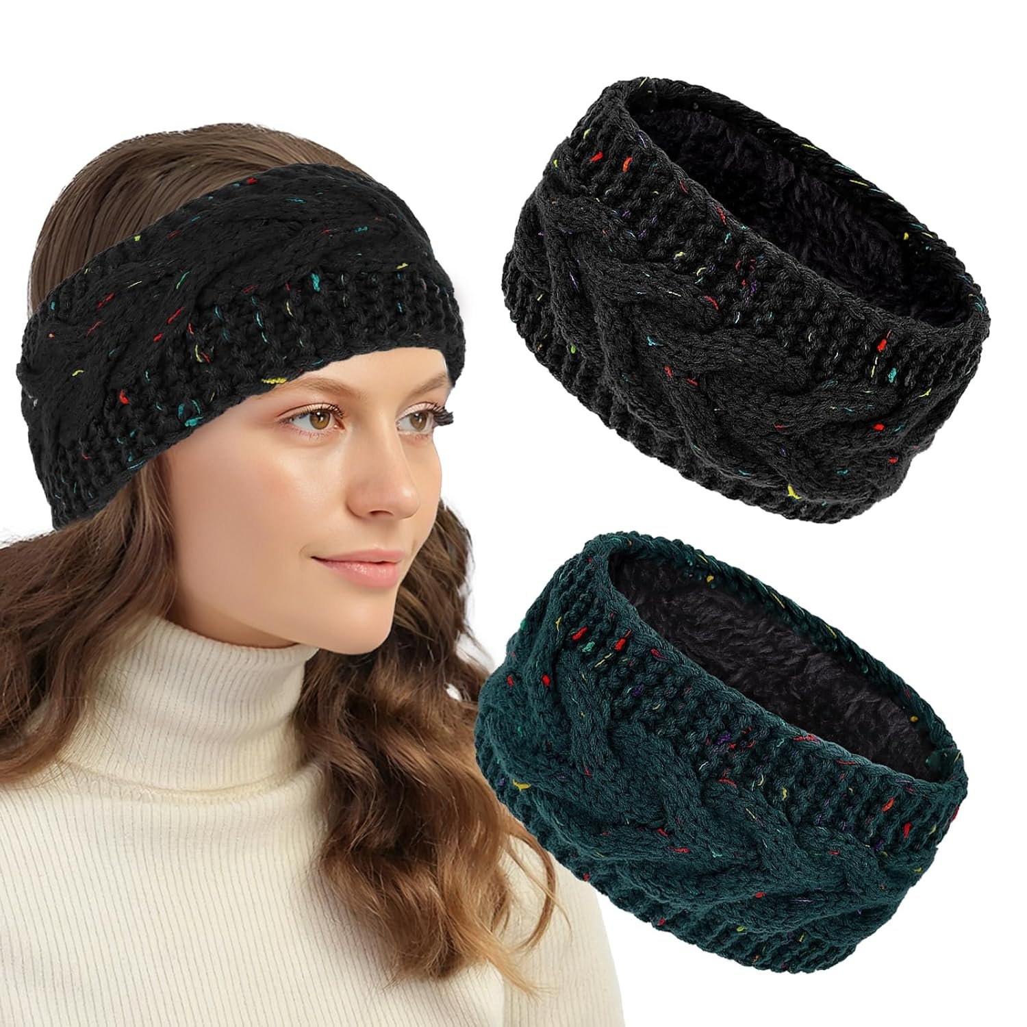 CAVETEE Winter Headbands for Women，2 Pack Thickened Coral Fleece Lined Crochet Knit Non-Slip Windproof Knit Headbands for Women