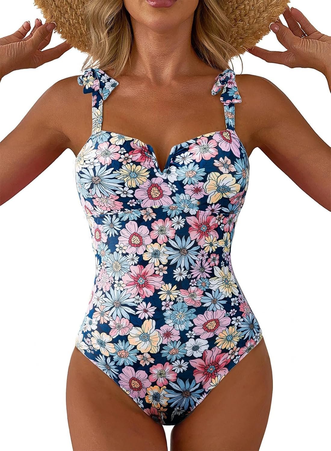 Aleumdr Women’s One Piece Swimsuits Tummy Control Bathing Suits V Neck Boho Tie Shoulder Ruched Full Coverage Swimwear