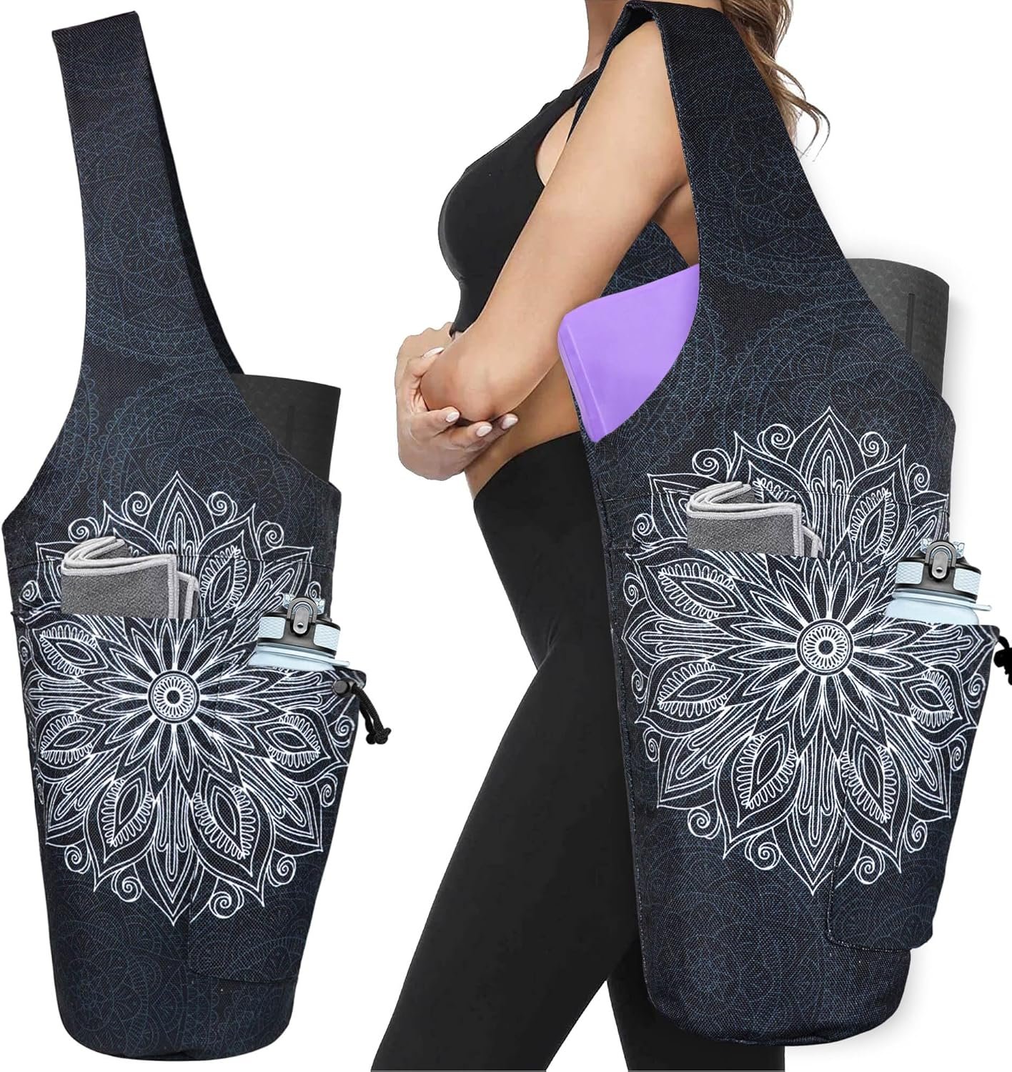 Yoga Mat Bag – Large Opening Long Tote Yoga Mat Carrier Holder Bag with Waterproof Wet Zipper Pocket and Drawstring Water Bottle Pocket – Yoga Bag Fit Most Size Mats