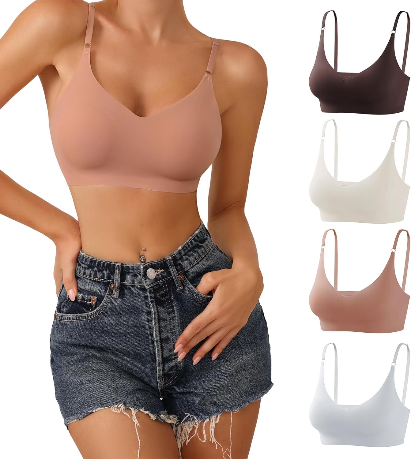 DEANGELMON V Neck Bra Padded Seamless Adjustable Straps Bralettes Everyday Basic Sleeping Bras Multiple Pack