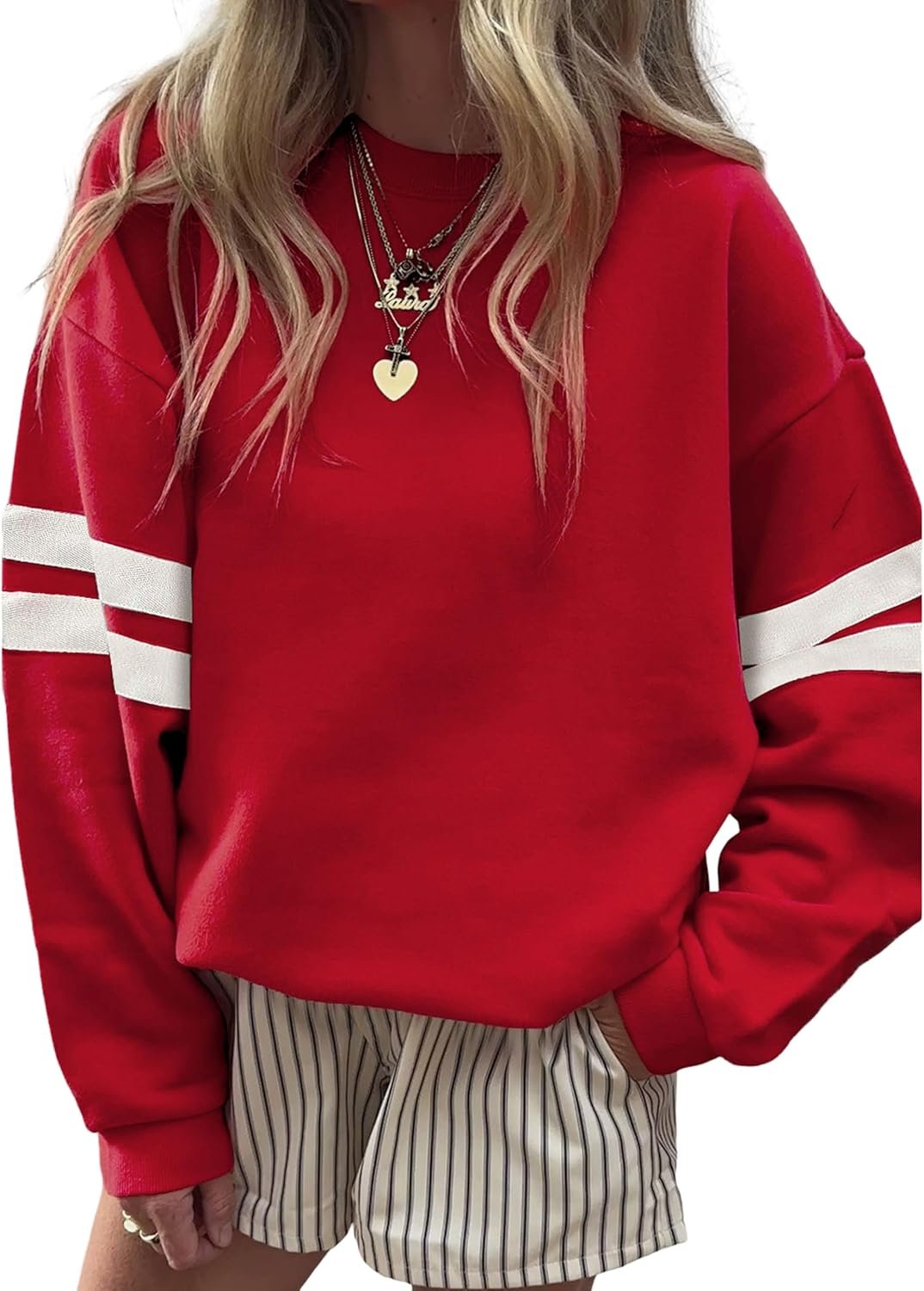 SELINK Womens Varsity Striped Oversized Sweatshirt Crewneck Long Sleeve Casual Fashion Pullover Top Fall Outfits