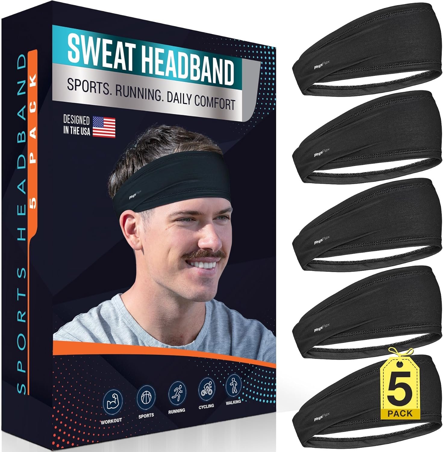 5 Pack Sport Headbands for Men & Women – Sweat-Wicking Workout & Running Head Bands – Exercise Sweat Band for Workout, Basketball, Tennis, Cycling, Yoga