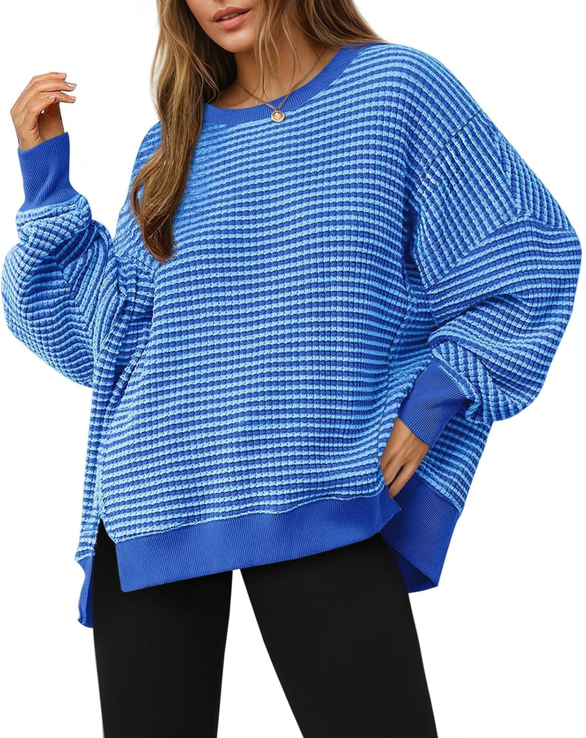 Fisoew Women’s Fall Oversized Sweatshirt Casual Waffle Knit Long Sleeve Crewneck Split Pullover Tunic Tops