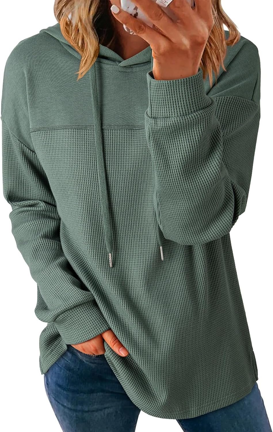Dokotoo Womens Hoodies Casual Waffle Knit Long Sleeve Drawstring Pullover Sweatshirts Lightweight Hooded Tops